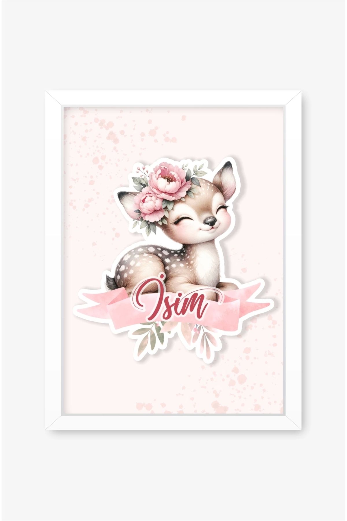 neşeli günlerim İsme Özel Boyutlu Baby Deer Beyaz Çerçeve 30x40 cm Tablo, Hastane Odası Kapı Süsü, Çocuk Odası, Dek