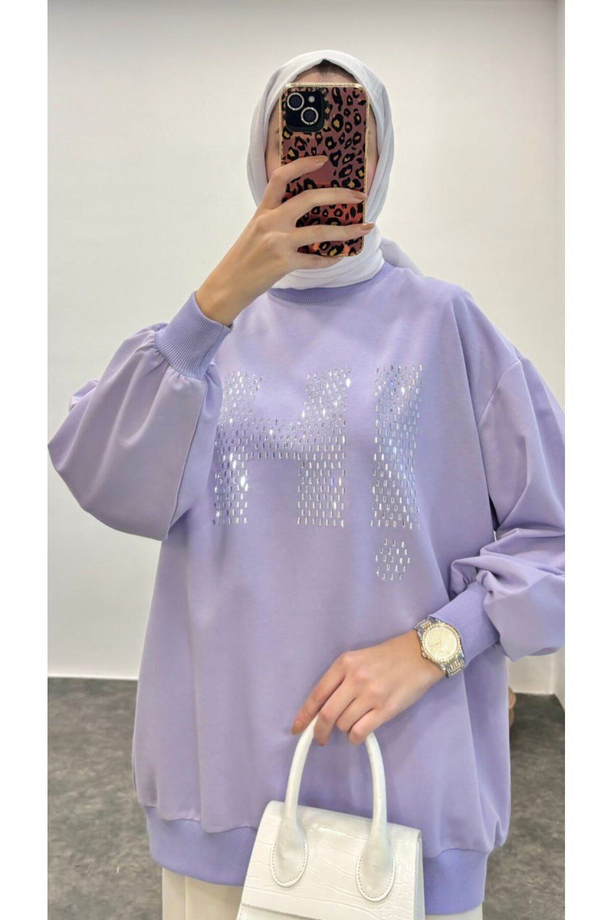Suede Style 2 İplik "HI" Yapıştırma Taşlı Basic Kadın Sweater