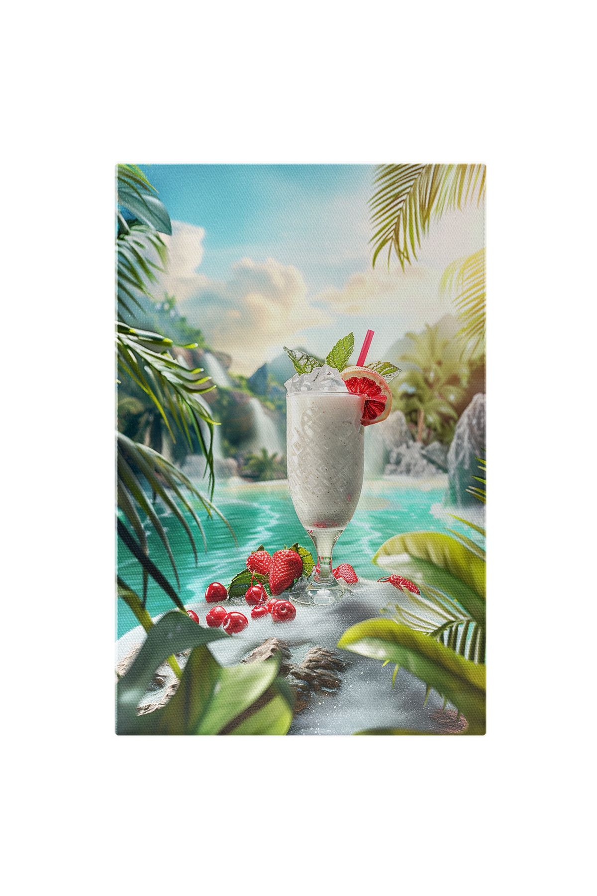 StoryGift Romania Tablou Canvas Băutură Răcoroasă Cu Fructe Roșii Pe Spuma Valurilor De Pe Insula Tropicală , Pic - 40 x 25