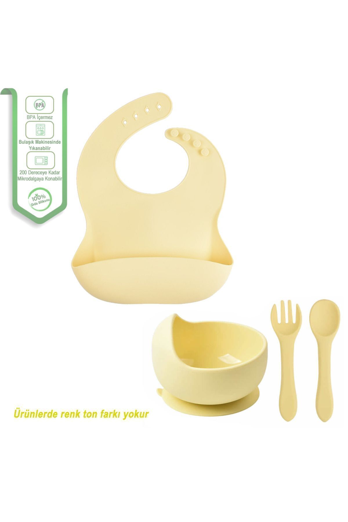 jojobebek Çocuk Silikon Mama Önlüğü, Silikon Vakumlu Kase, Silikon Kaşık Ve Çatal / Sarı fotoğrafı 6 (önizleme)