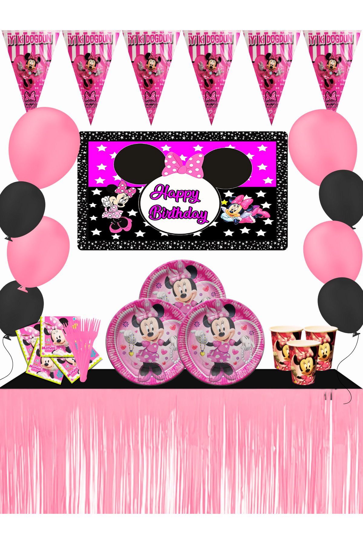 snowparty Minnie Mouse Mini Mouse Afişli Metalize Masa Etekli Doğum Günü Parti Malzemeleri Süsleri Seti