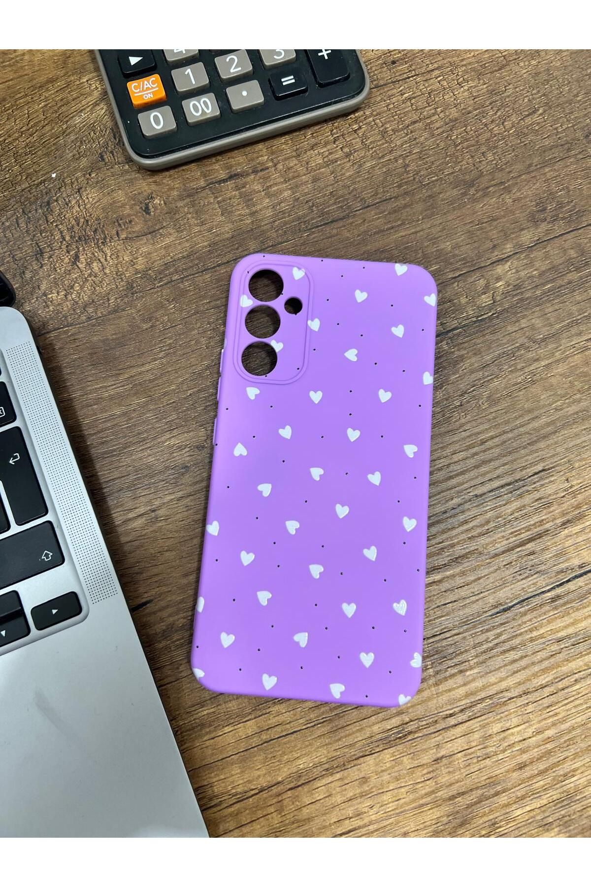 HZR Samsung A34 Minik Kalp Desenli Mor Silikon Kılıf