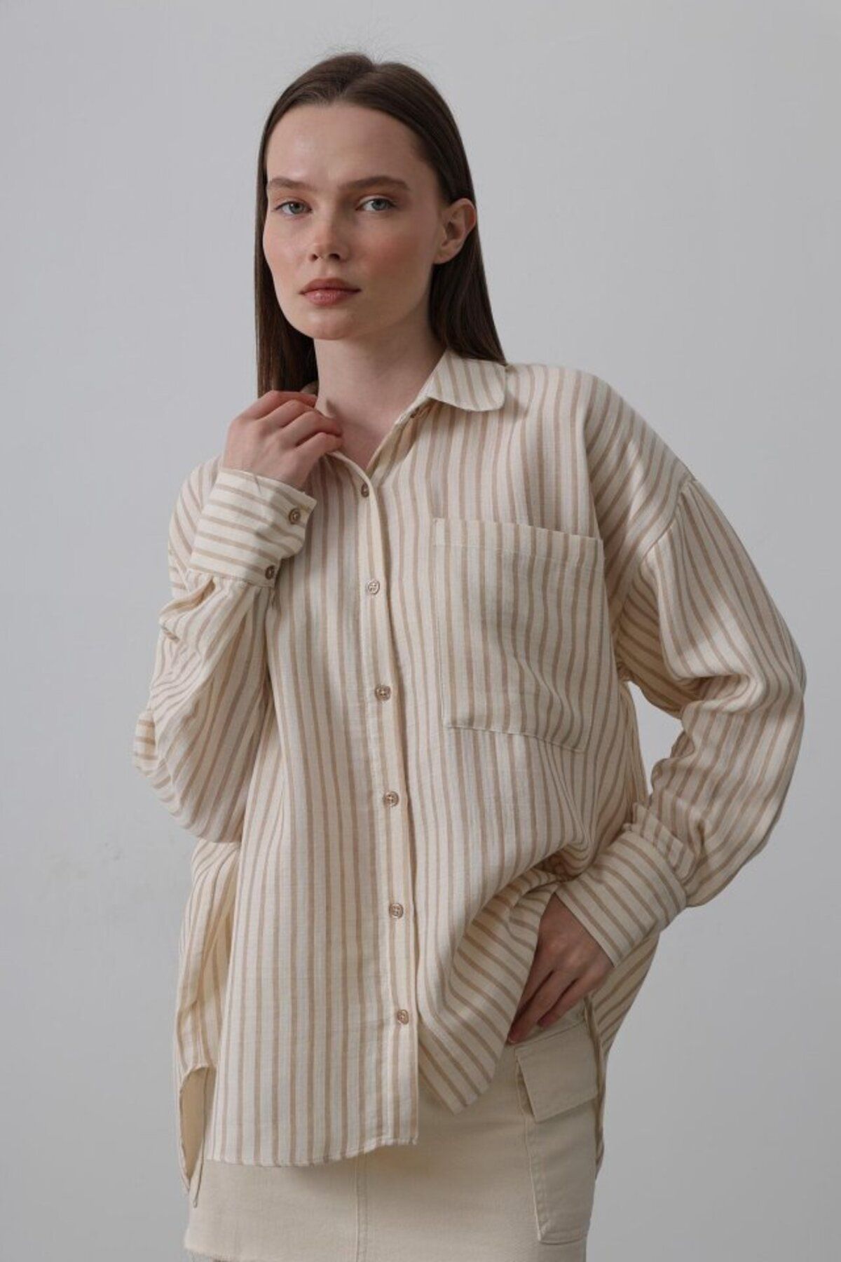 VELİZADE Yeni Sezon Konfor Modeli Yumuşak Dokulu Oversize Pamuklu Çizgili Tunik Boyfriend Gömlek Tesettür