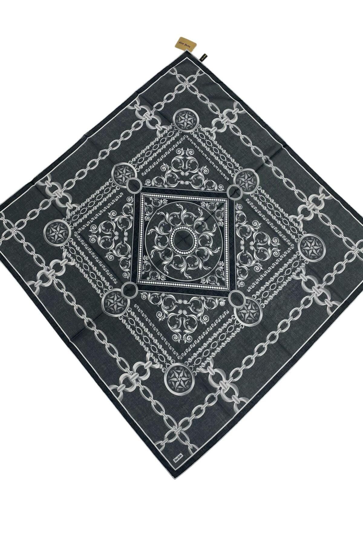 NİSA İPEK RETRO SOFT EŞARP SİYAH GRİ (SR9)