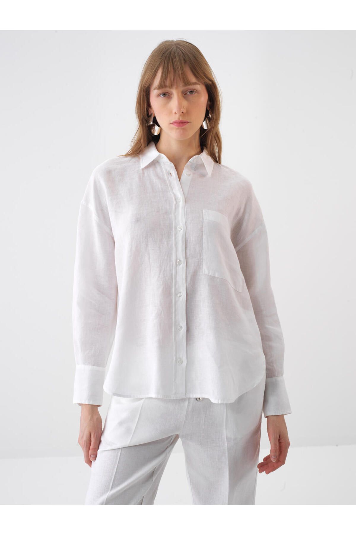 Xint Kadın Beyaz Oversize Keten Gömlek