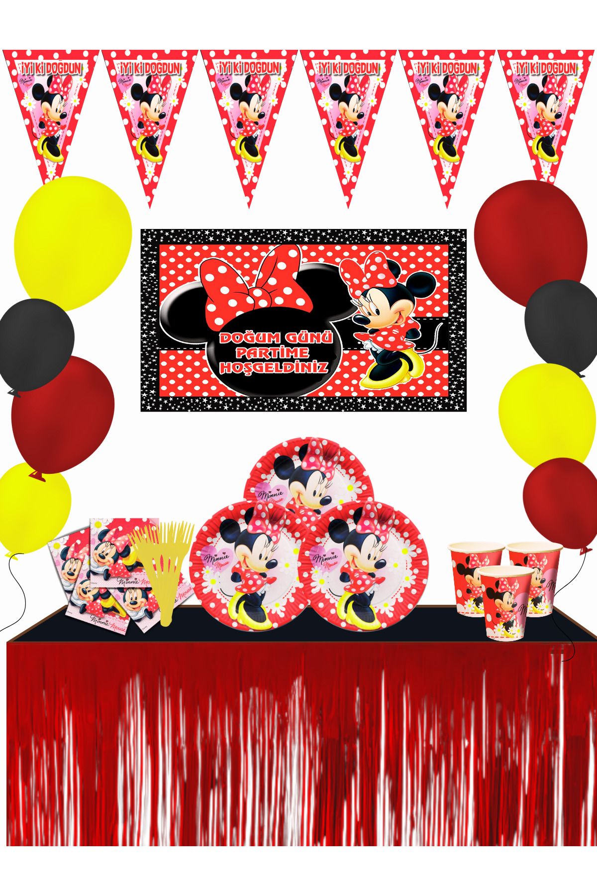 snowparty Minnie Mouse Mini Mouse Afişli Metalize Masa Etekli Doğum Günü Parti Malzemeleri Süsleri Seti