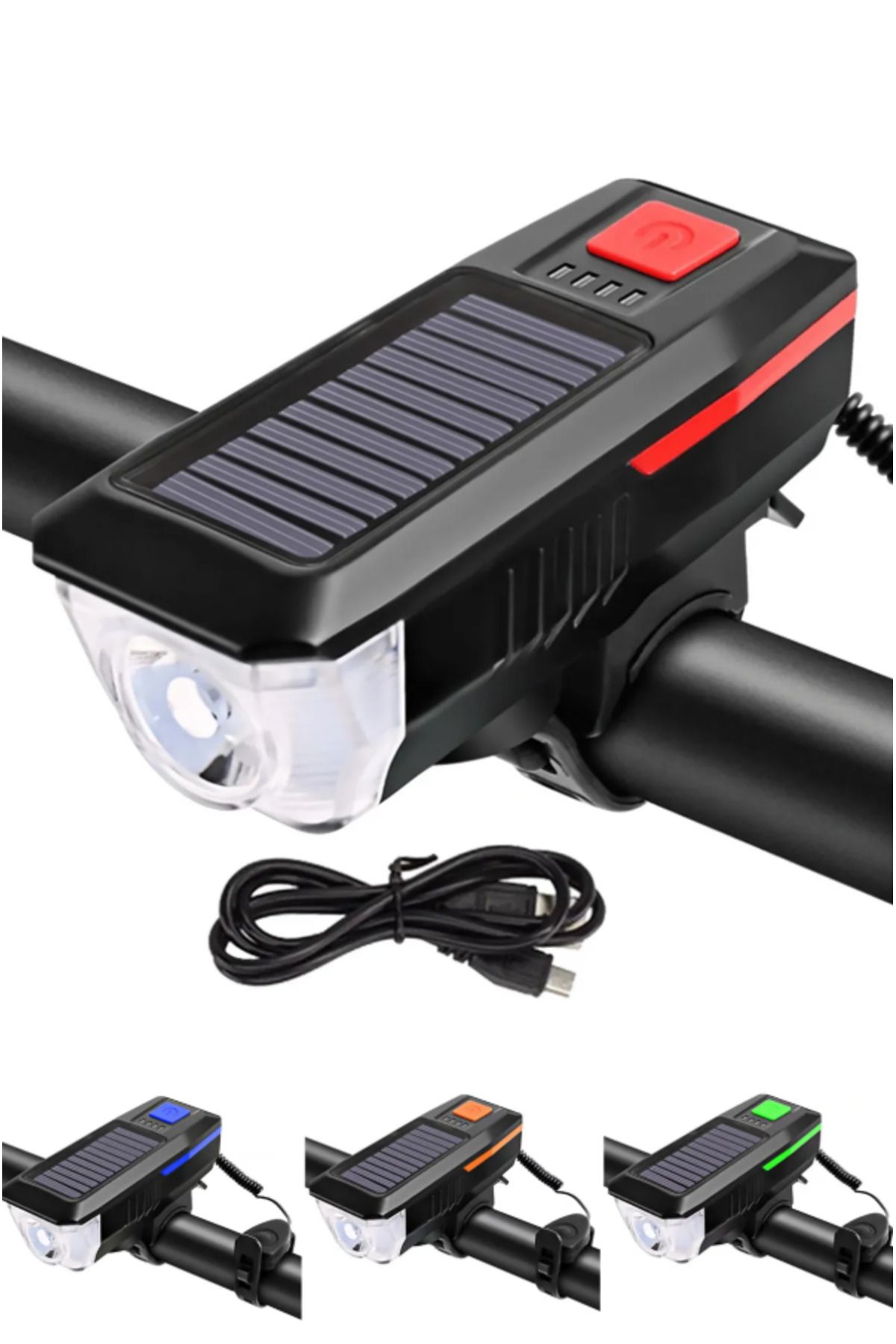 electroawm Güneş Enerjili 3 LED Far Moduna Sahip Bisiklet Ön Lambası Su Geçirmez Zil USB Şarj Edilebilir Korna