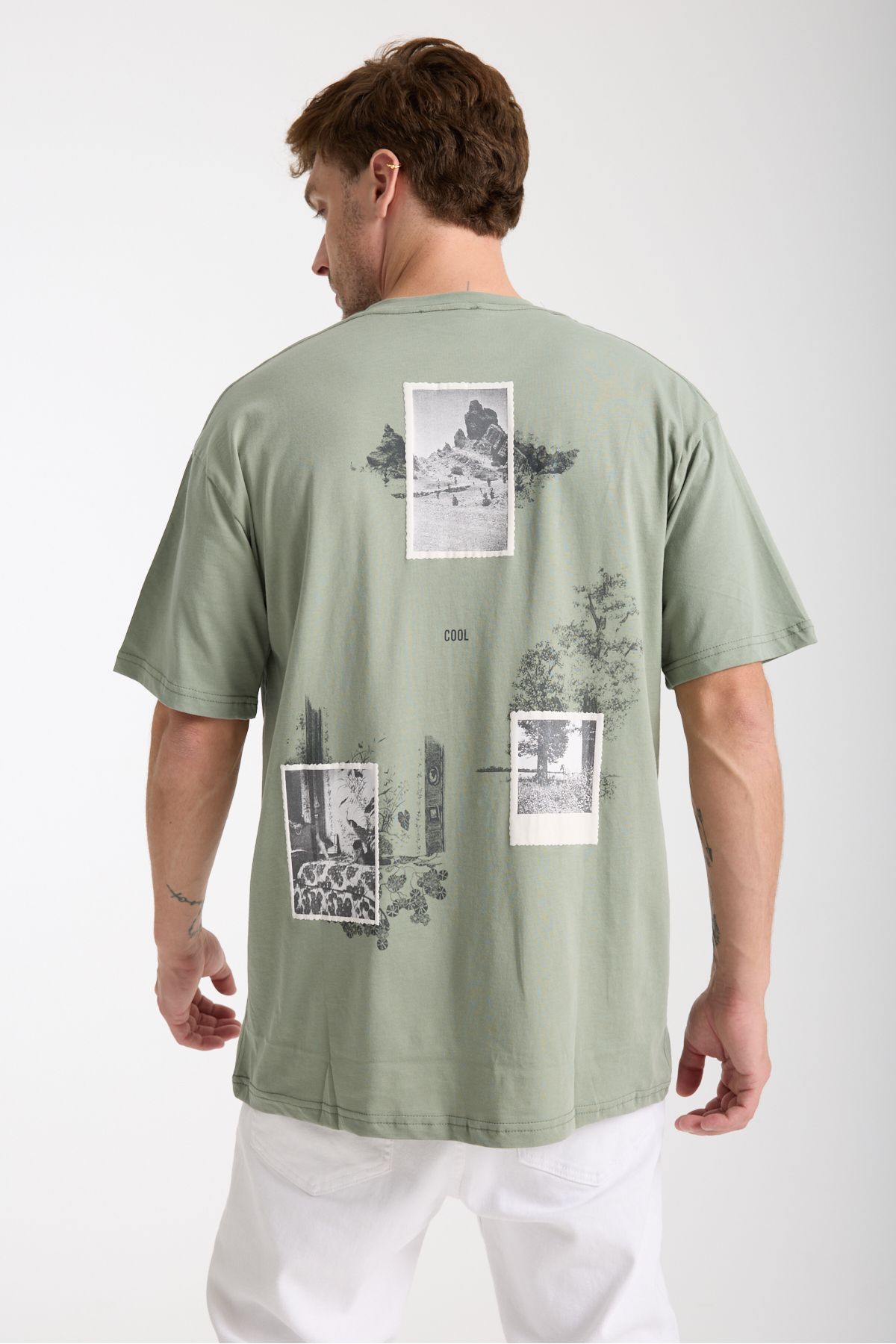 Tarz Cool Erkek Su Yeşili Portra Ön Ve Arka Baskılı Oversize Bisiklet Yaka T-Shirt