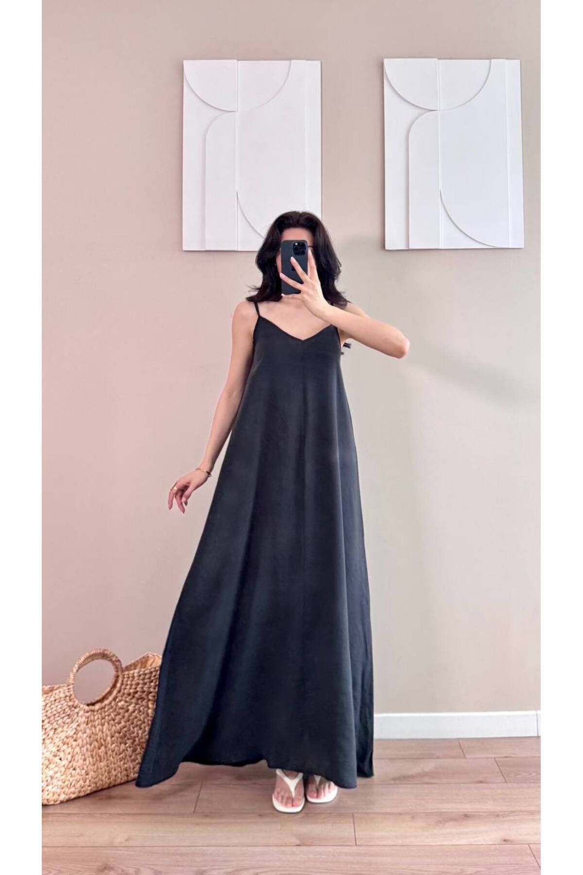 LOCH BUTİK Siyah Askılı Modal Kumaş Maxi Elbise