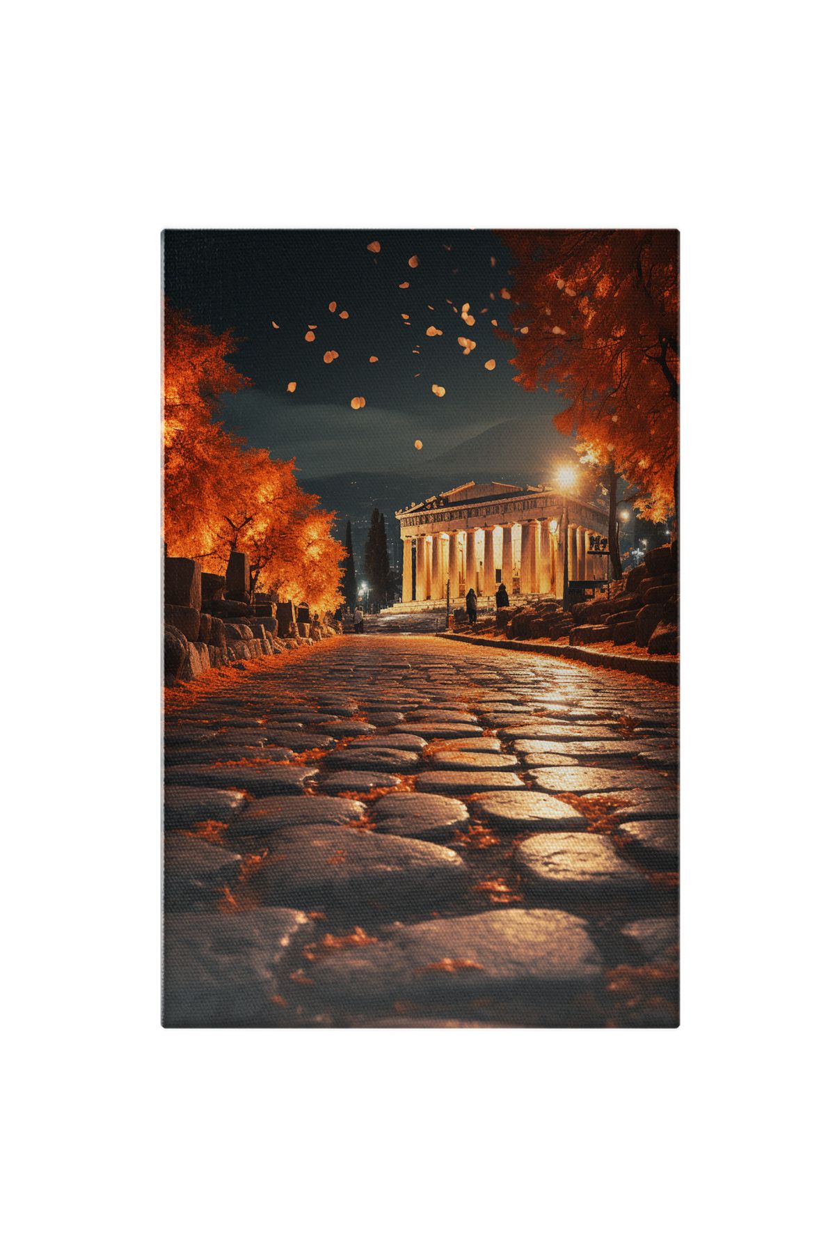 StoryGift Romania Tablou Canvas: View Drum Cu Pavele Cladire Stil Ateneu Noapte Copacii Maro Pictura Digitala - 40 x 25