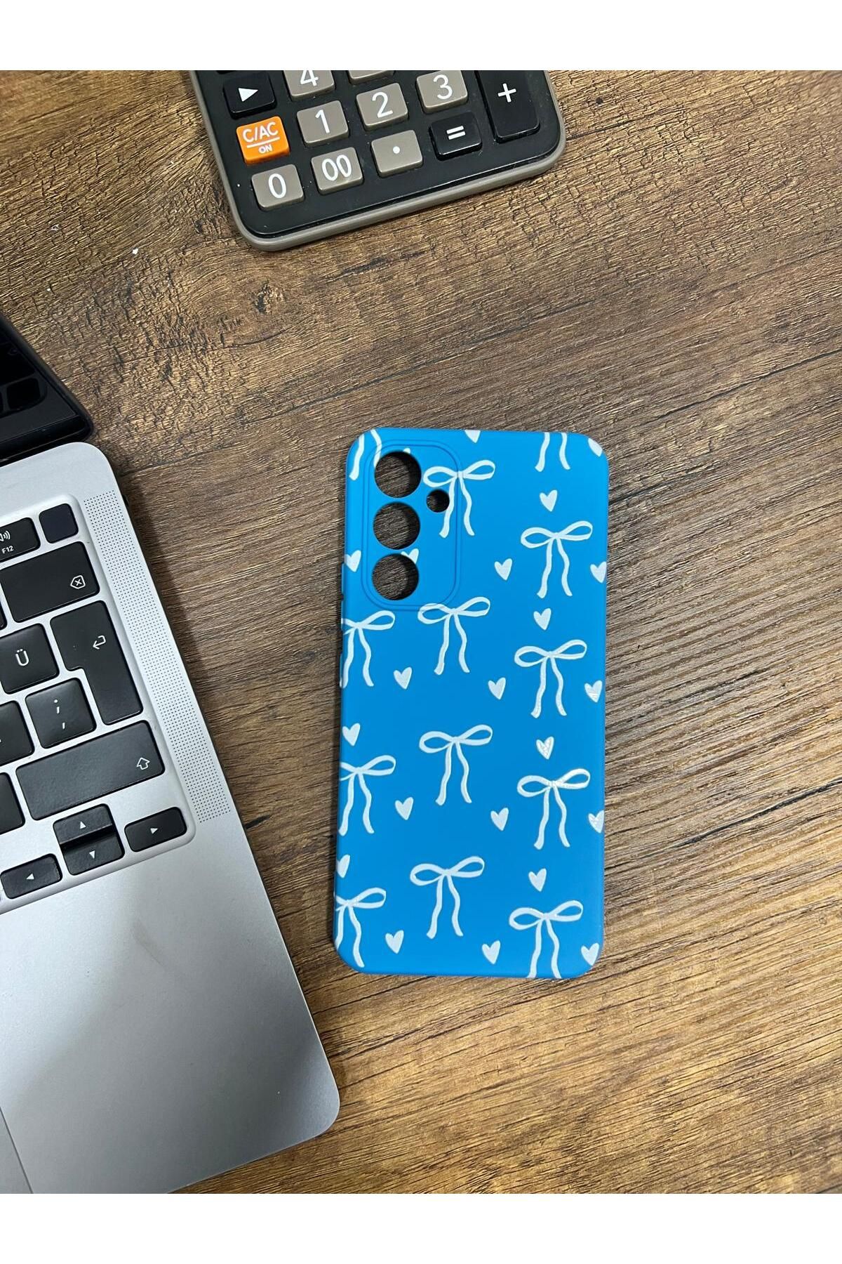 HZR Samsung A54 Beyaz Kurdele Desenli Mavi Kılıf