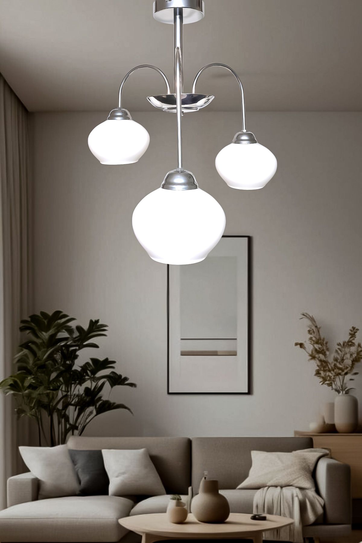 Fer Avize Dora 3 Lü Avize Dekoratif Tasarım Modern Kollu Camlı Avize Oturma Odası Yemek Odası Salon