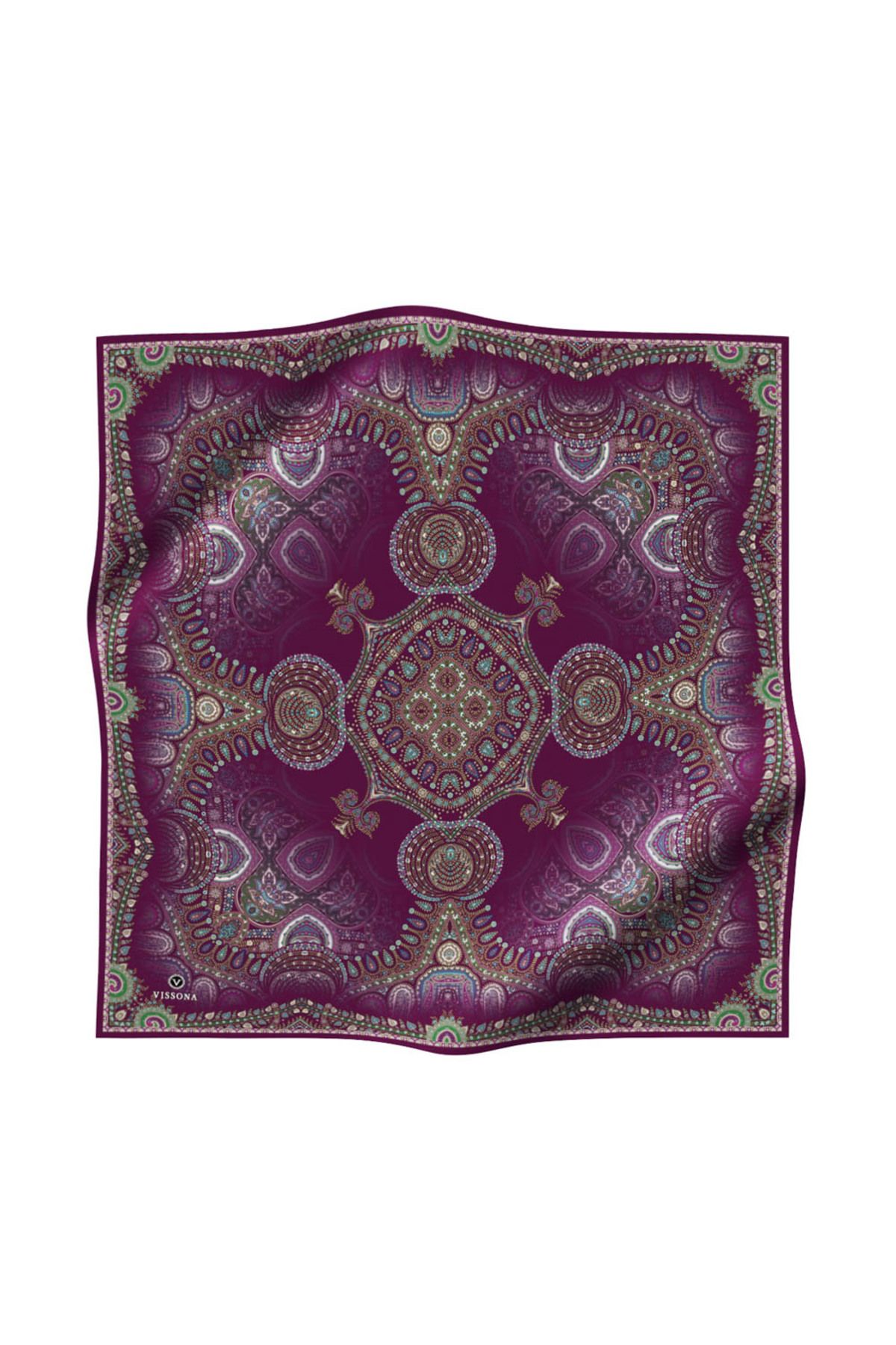 Vissona %100 Twill İpek Şal Desenli Mürdüm Renkli 90x90 Eşarp Dikim Şekli : El Dikişi