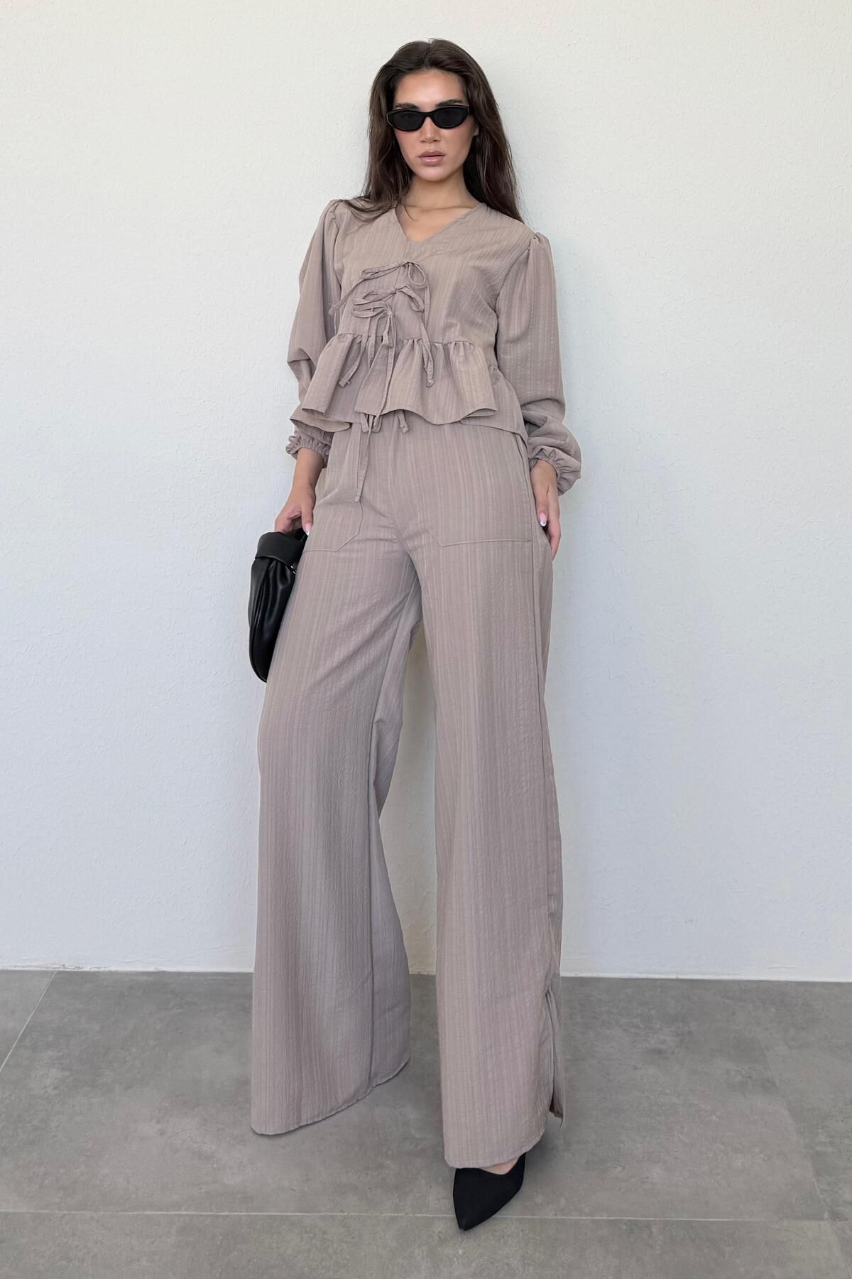 Madmext Camel Önü Bağlamalı Bluz Pantolon Takımı MG2343