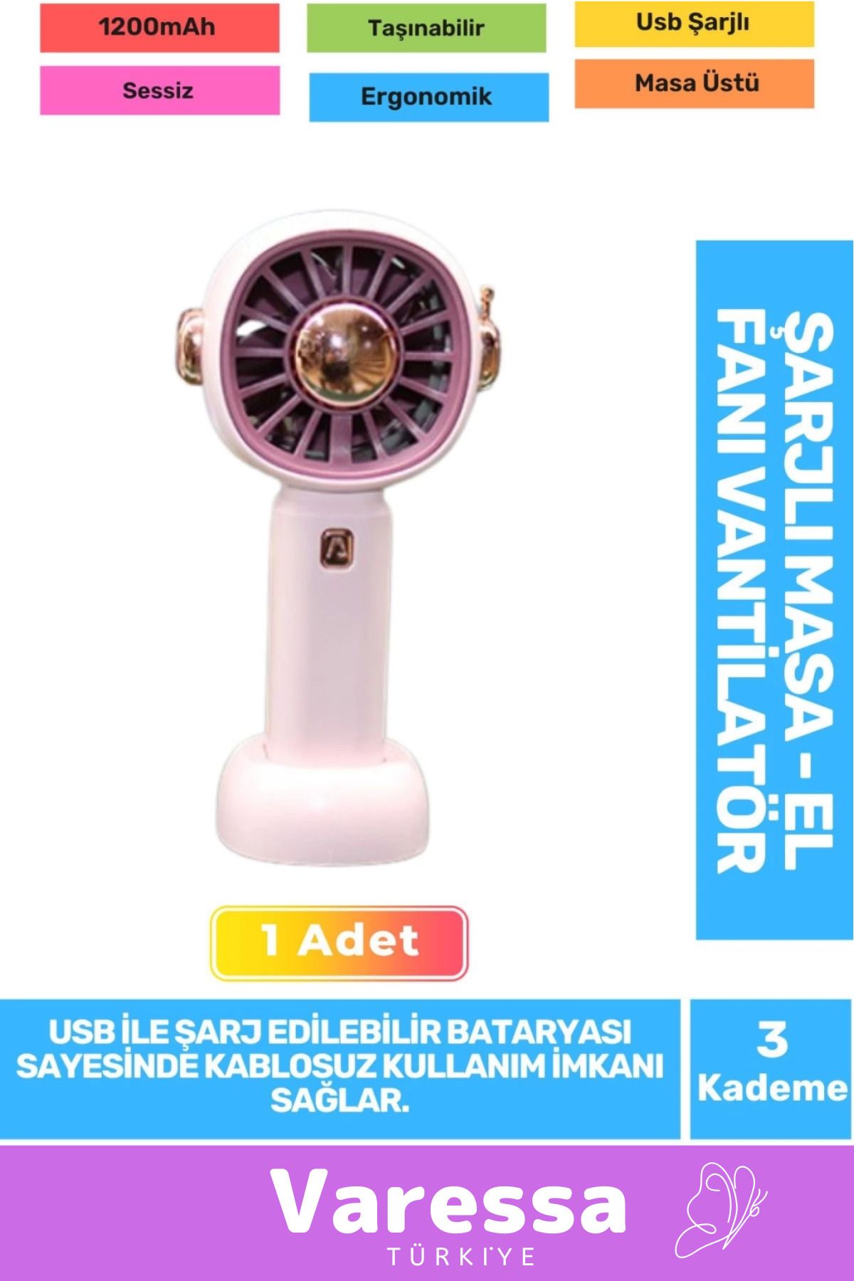 VARESSA Yeni Sessiz 3 Kademe Hafif Kablosuz 1200mAh Pervaneli Taşınabilir Usb Şarjlı Masa El Fanı Vantilatör