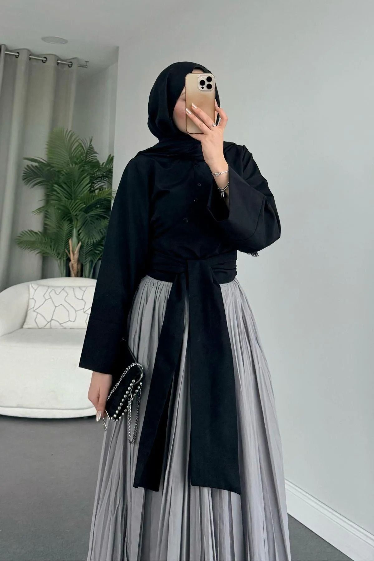 MY QILAM 10 NUMARA MODA Kadın Siyah Geniş Manşetli Kol Detaylı Önü Bağlamalı Poplin Gömlek