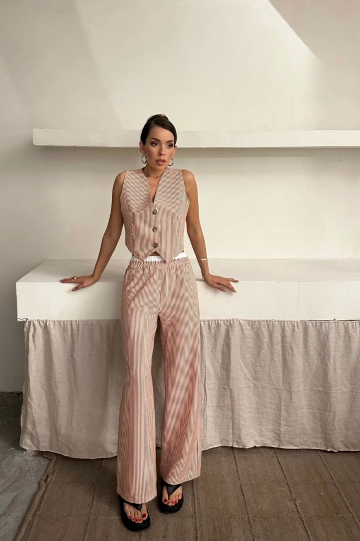 Sosyal Butik GOFRE ÇİZGİLİ YELEK - PANTOLON TAKIM - Kahverengi