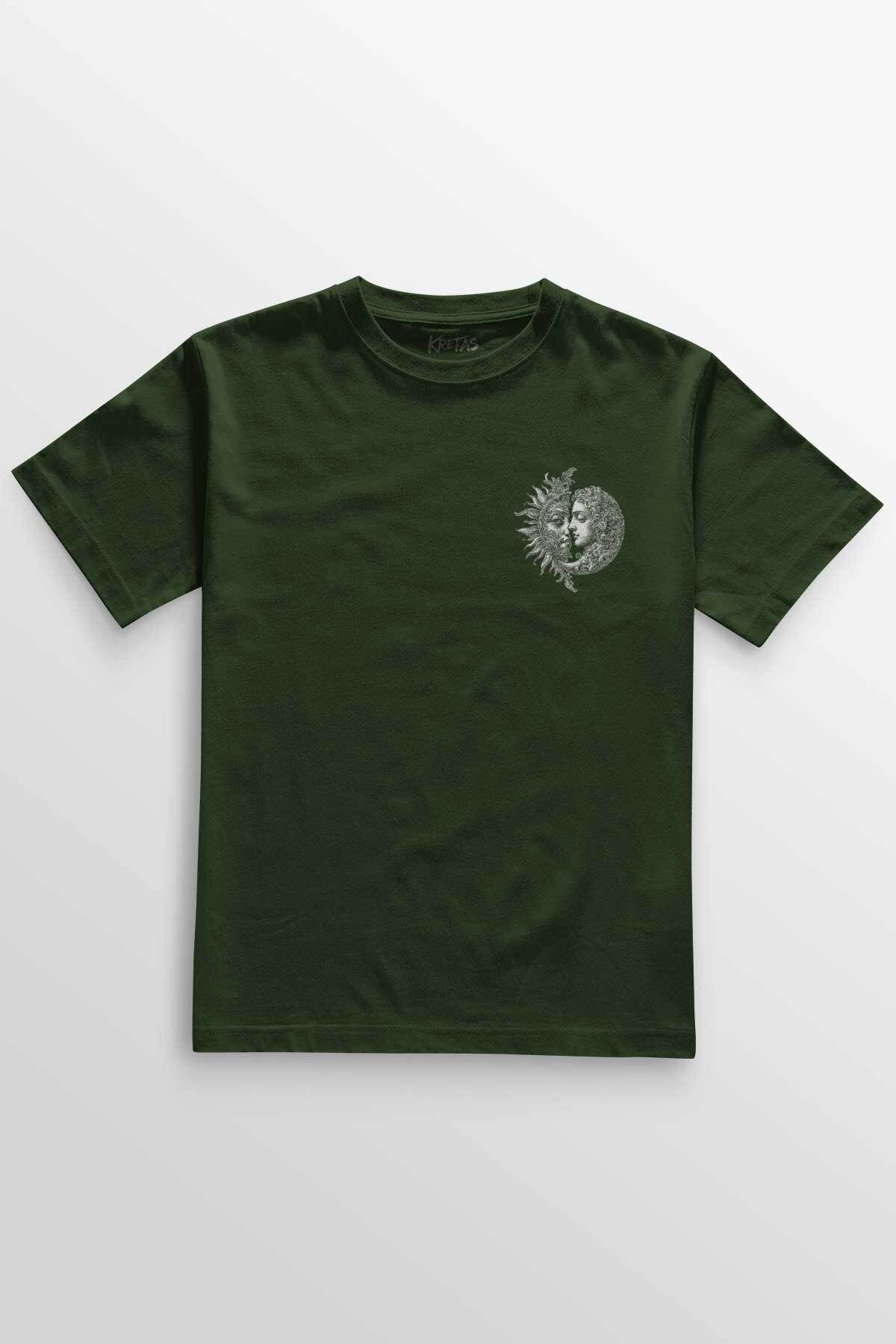 Kretas Unisex Haki T-shirt Celestal Balance Sun And Moon Güneş ve Ay Uzay Ying Yang Baskılı Tişört