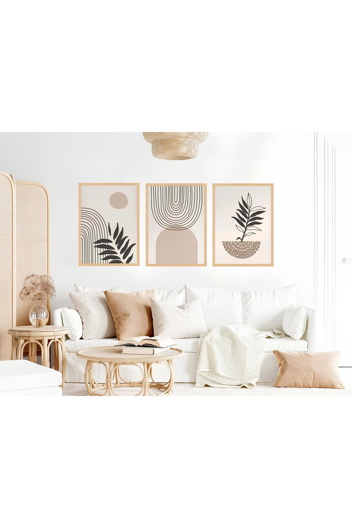 Tuba Decor 3 Parça Ahşap Çerçeve Görünümlü bohem MDF Tablo Seti