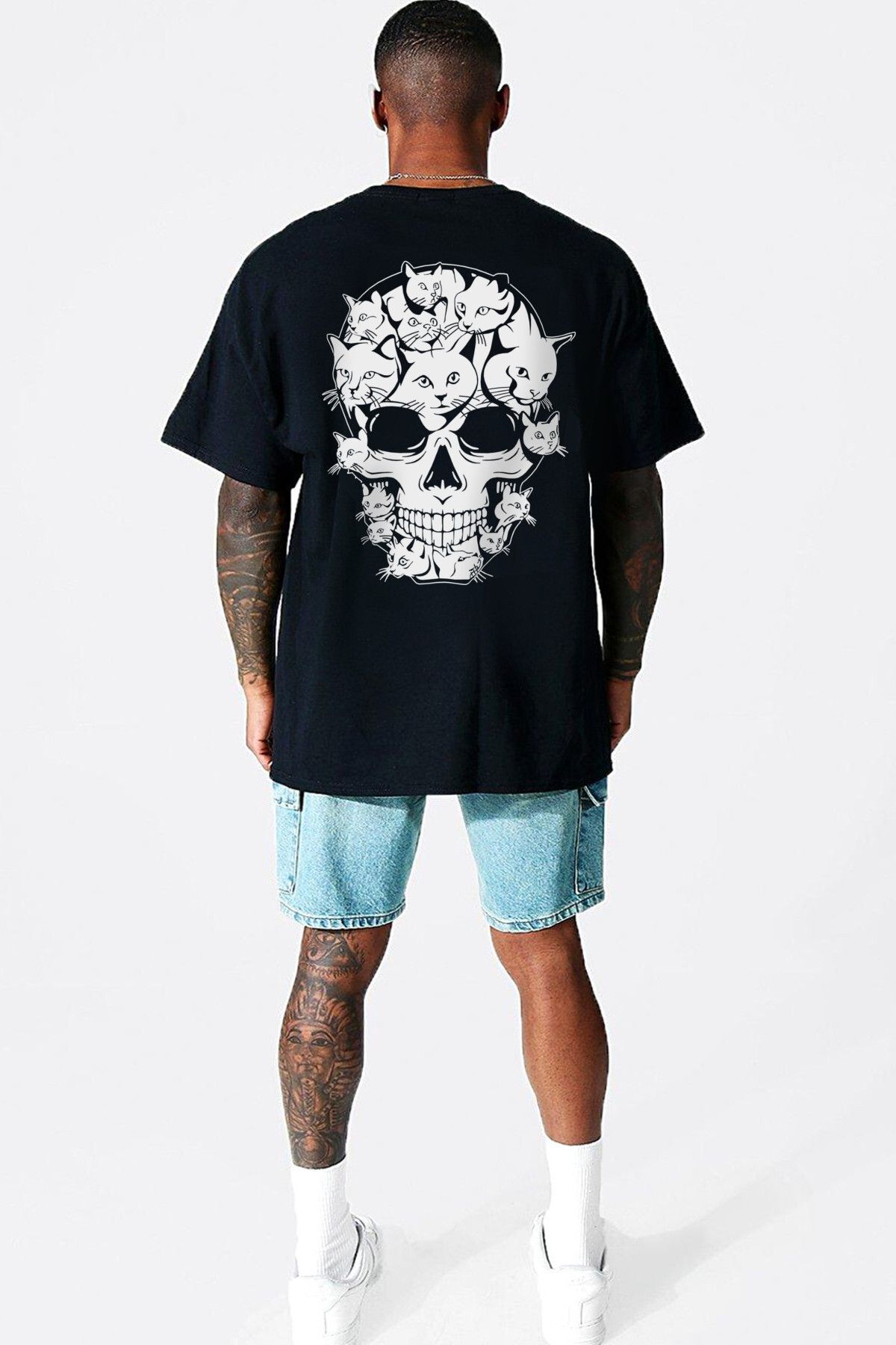 ROCKANDROLL Miyav Kurukafa Siyah Arka Baskılı Oversize Erkek T-shirt