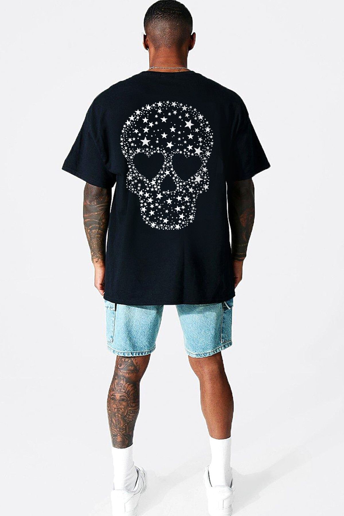 ROCKANDROLL Yıldızlı Kurukafa Siyah Arka Baskılı Oversize Erkek T-shirt