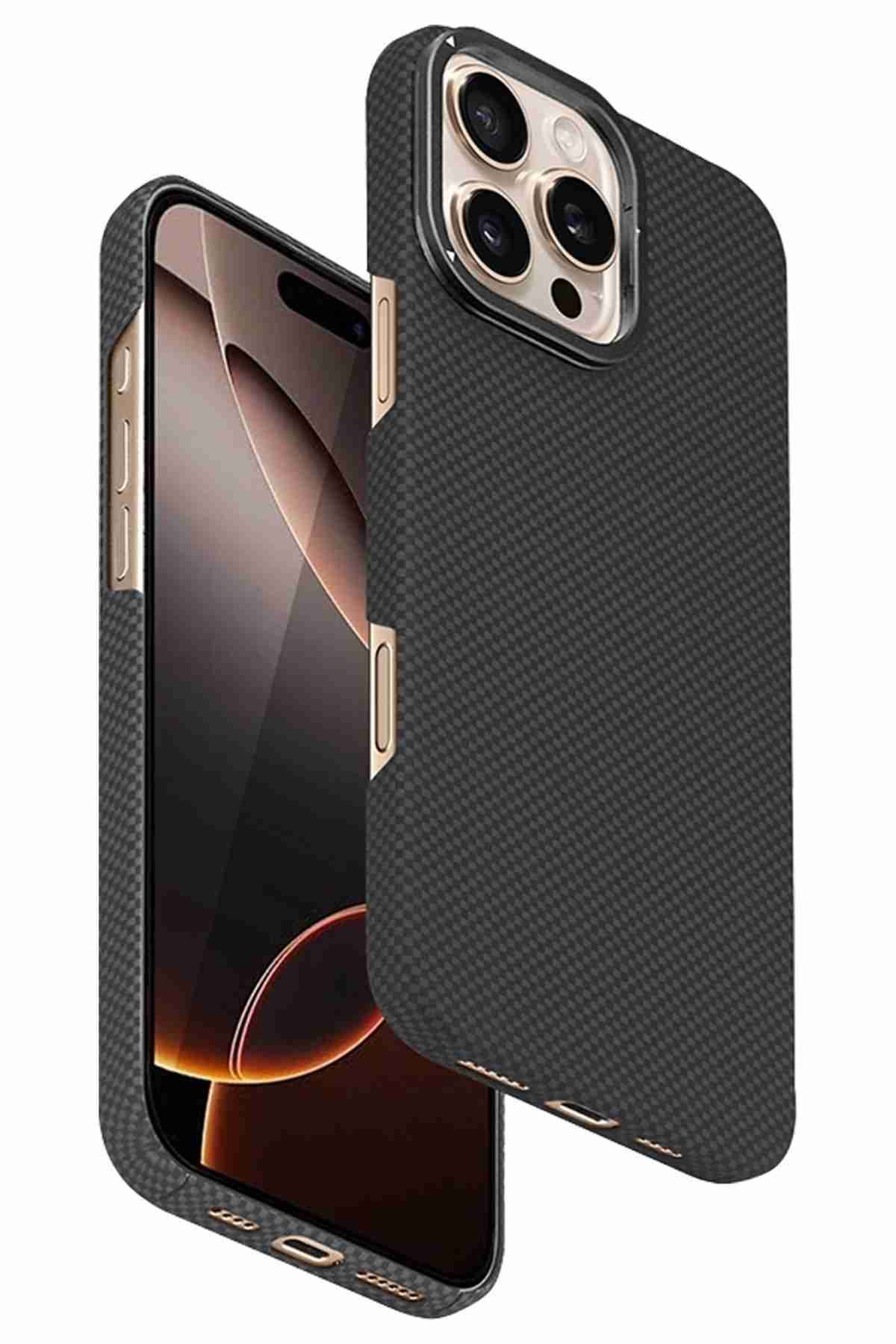 Fuchsia iPhone 16 Pro Max Uyumlu Manyetik Şarj Özellikli Lens Standlı Kevlar Telefon Kılıfı