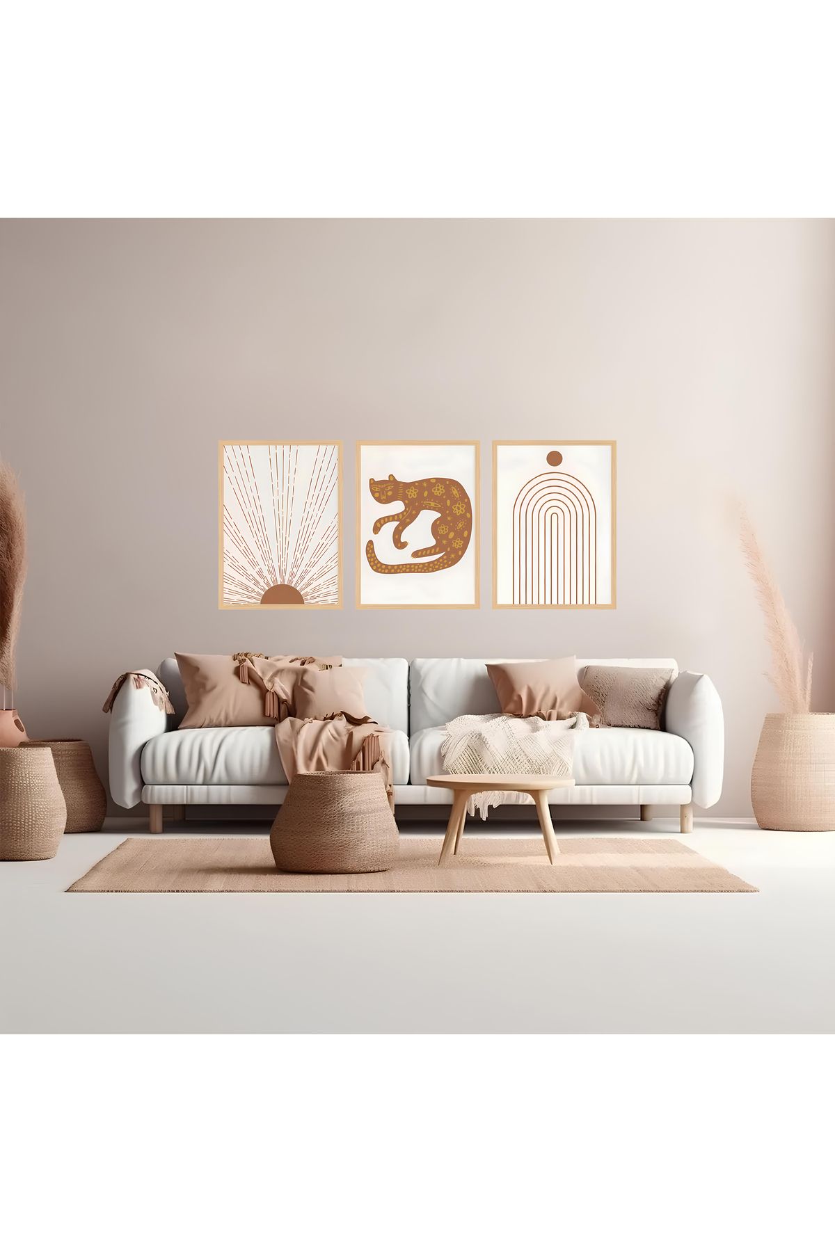 Tuba Decor 3 Parça Ahşap Çerçeve Görünümlü bohem MDF Tablo Seti