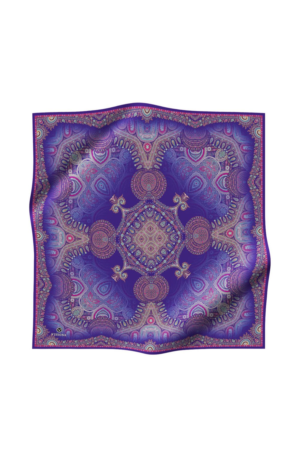 Vissona %100 Twill İpek Şal Desenli Mor Renkli 90x90 Eşarp Dikim Şekli : El Dikişi