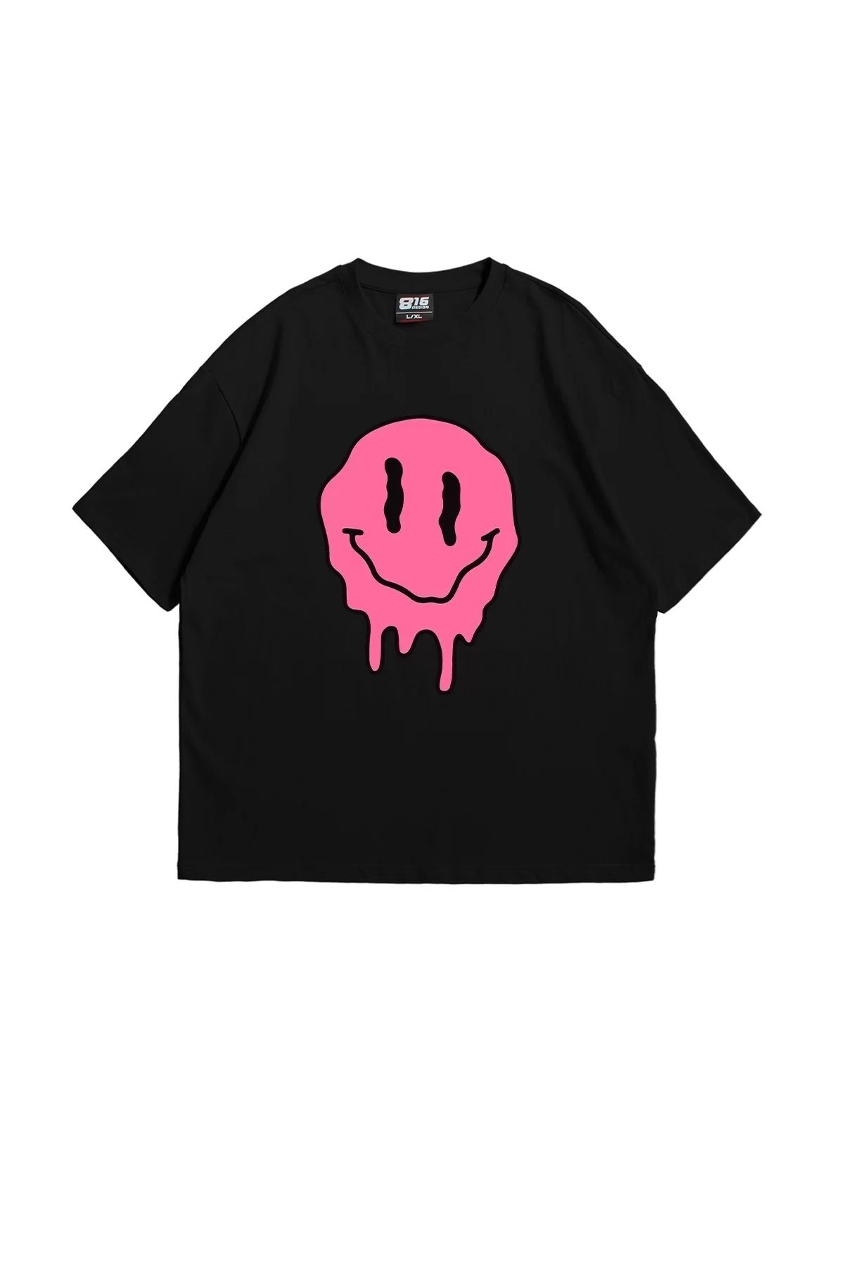 Bak Moda Acid Smile Baskılı Oversize Unisex Siyah Tshirt