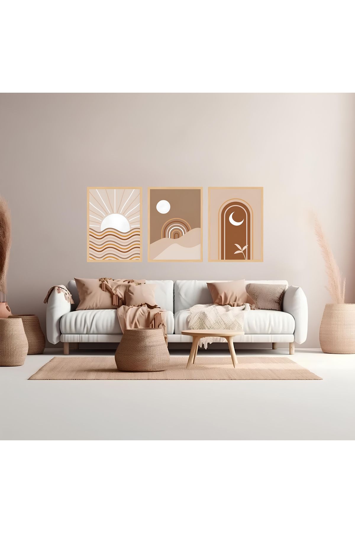 Tuba Decor 3 Parça Ahşap Çerçeve Görünümlü bohem MDF Tablo Seti