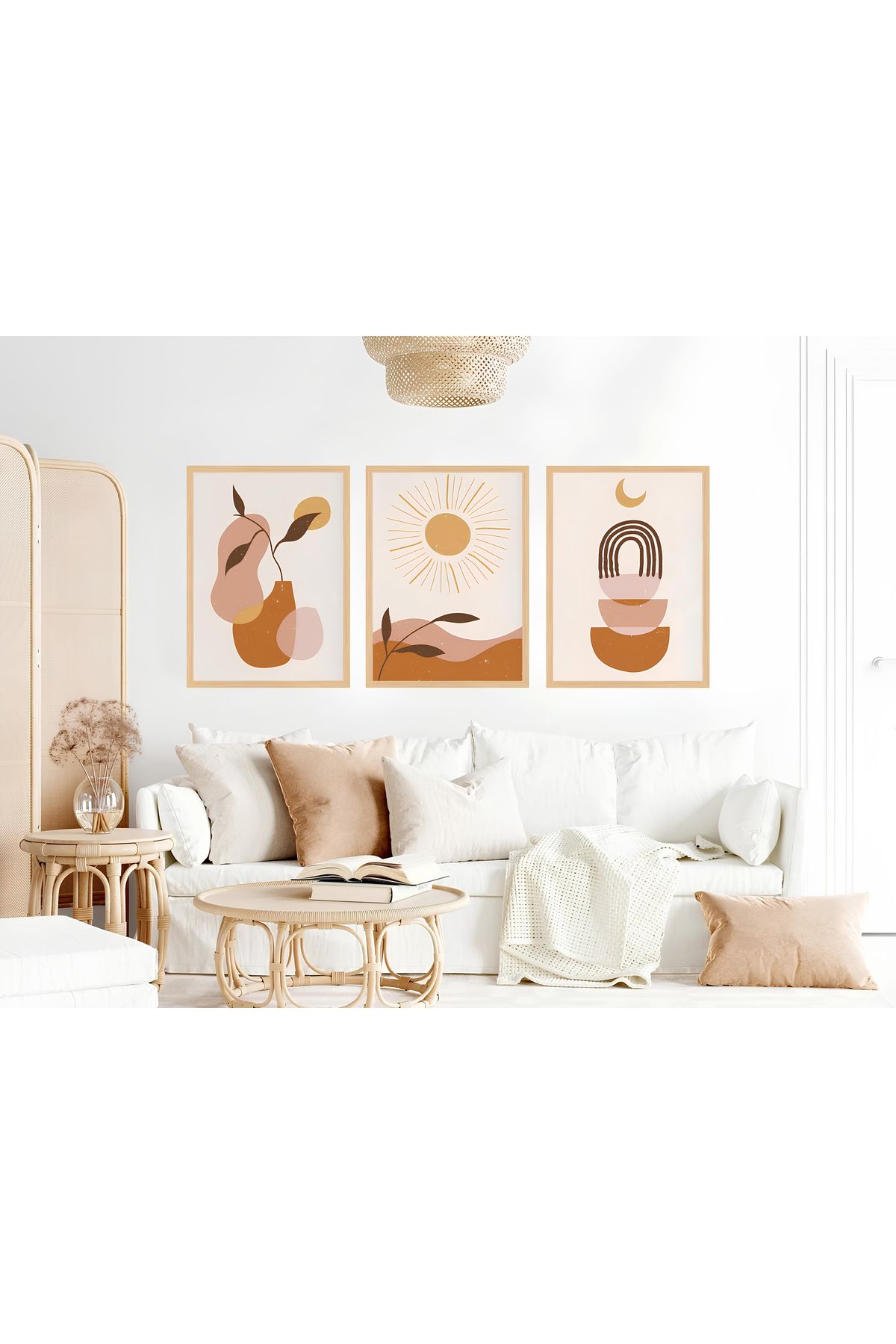 Tuba Decor 3 Parça Ahşap Çerçeve Görünümlü bohem MDF Tablo Seti