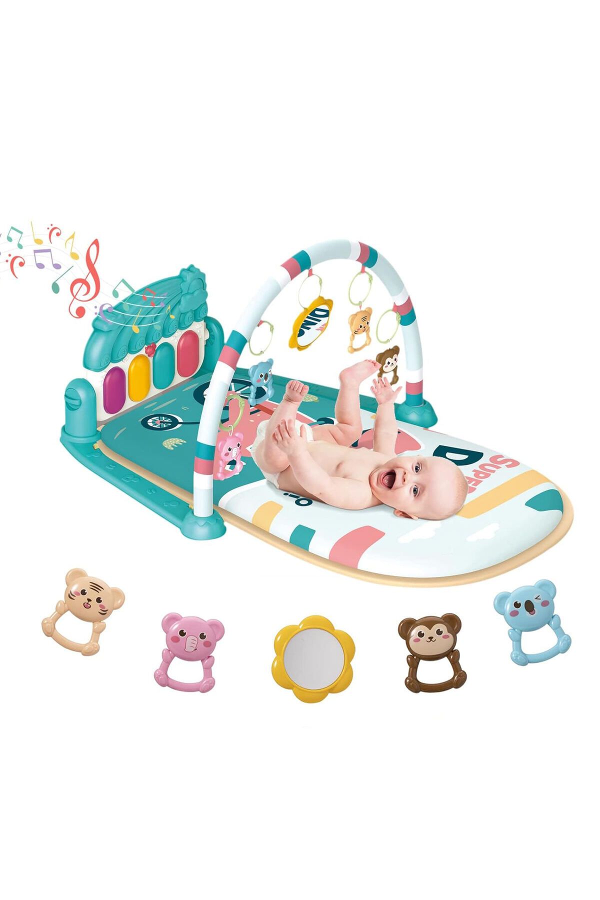 NillyToys Gökkuşağı Dinozor Desenli Piyanolu Sesli Işıklı Bebek Oyun Halısı Yeşil