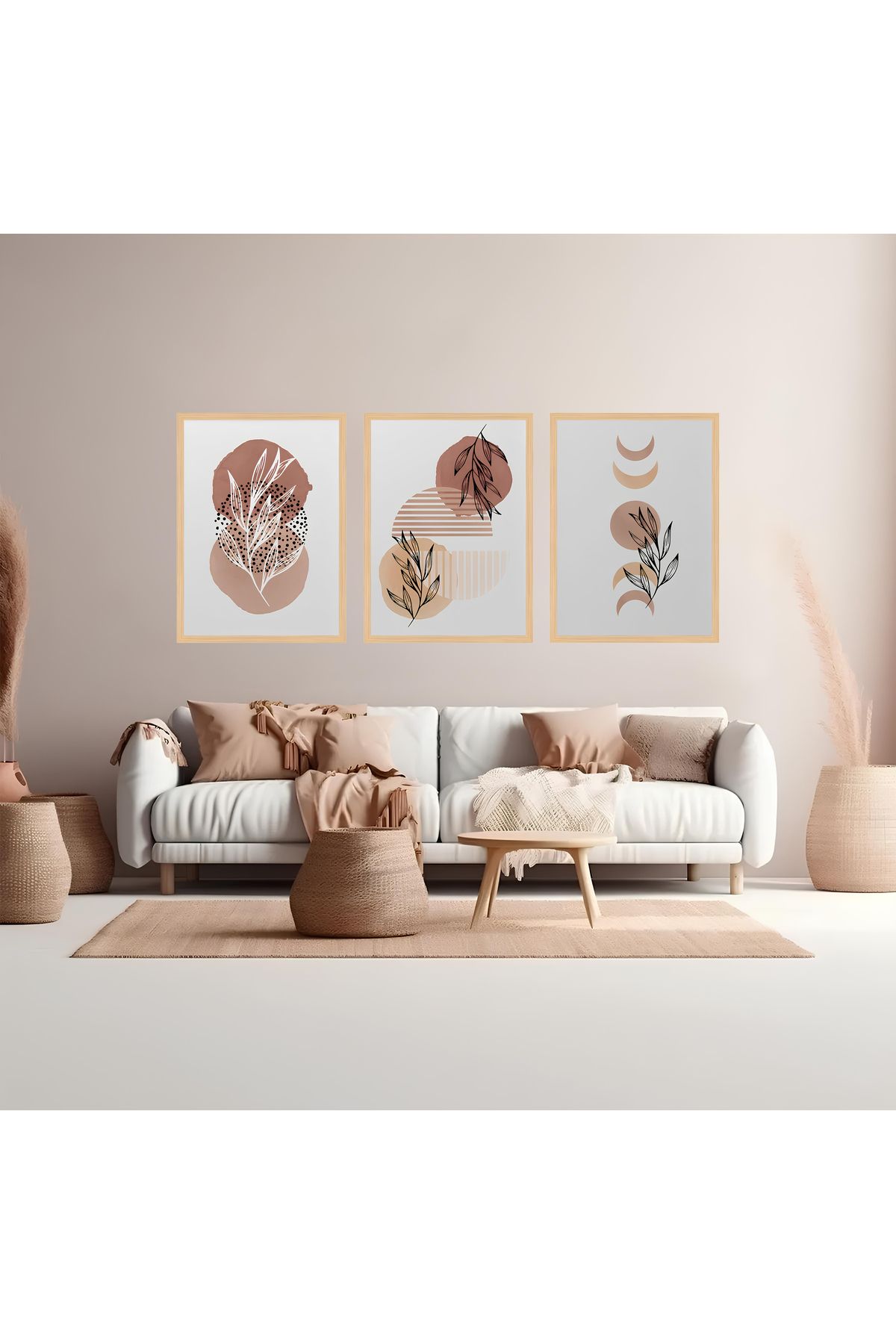Tuba Decor 3 Parça Ahşap Çerçeve Görünümlü bohem MDF Tablo Seti