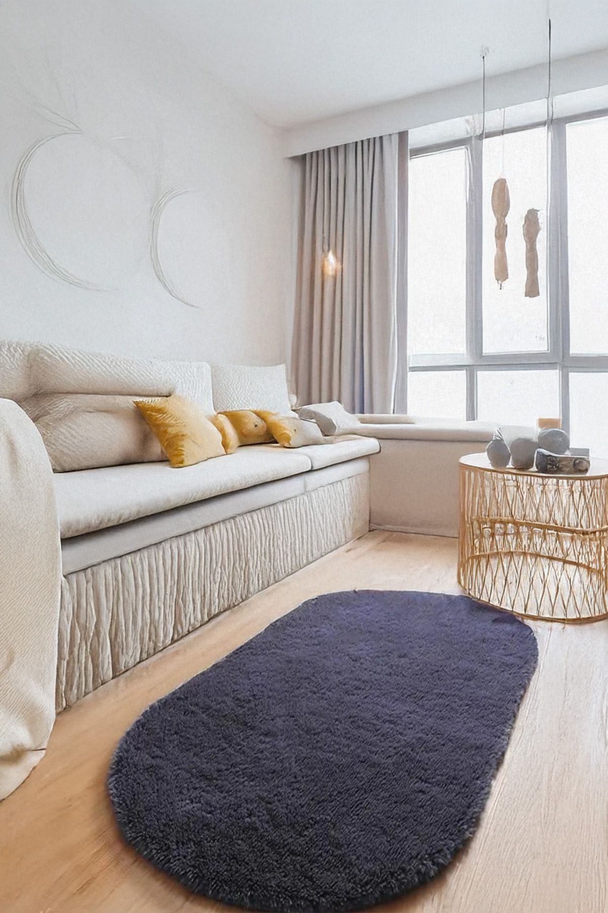 Windy Sea Antrasit Oval Kaymaz Tabanlı Halı Modern,Sade,Makinede Yıkanabilir, Robot Süpürgeye Uygun