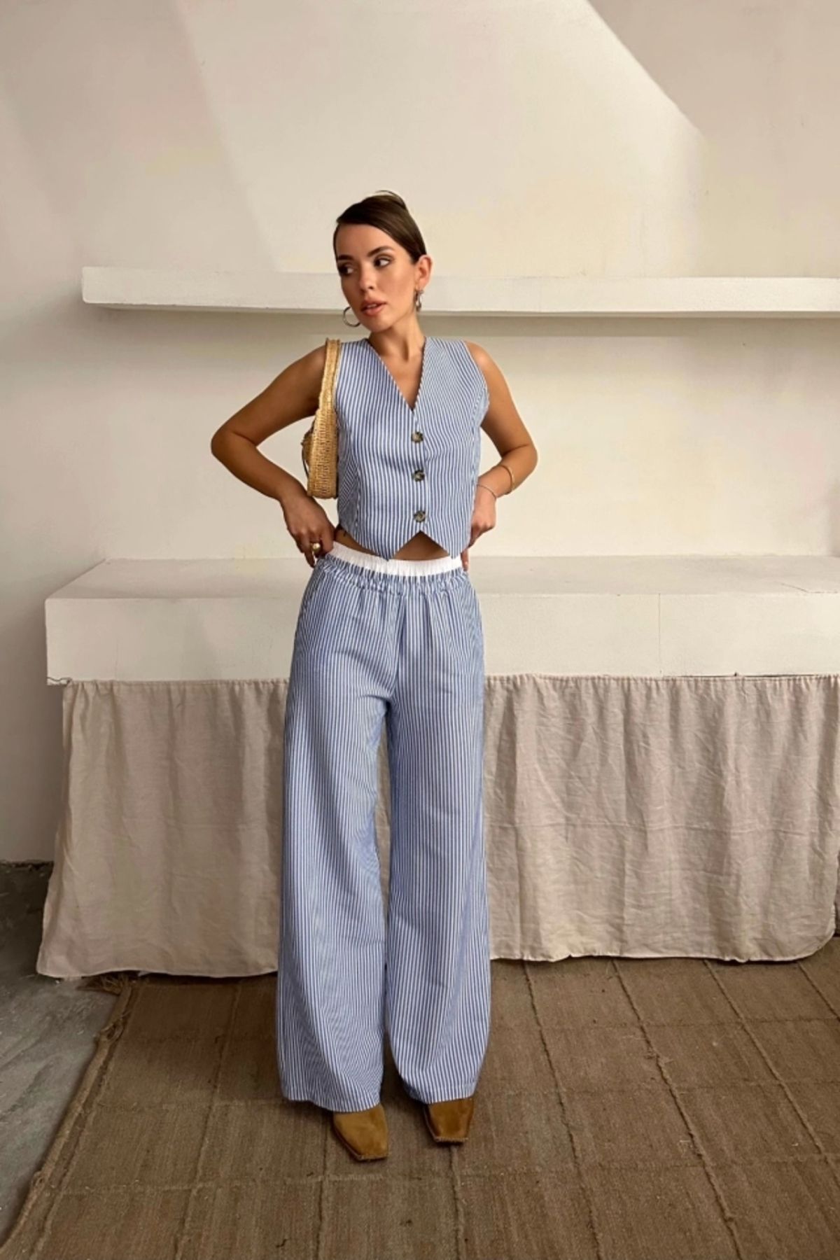 Sosyal Butik GOFRE ÇİZGİLİ YELEK - PANTOLON TAKIM - Mavi