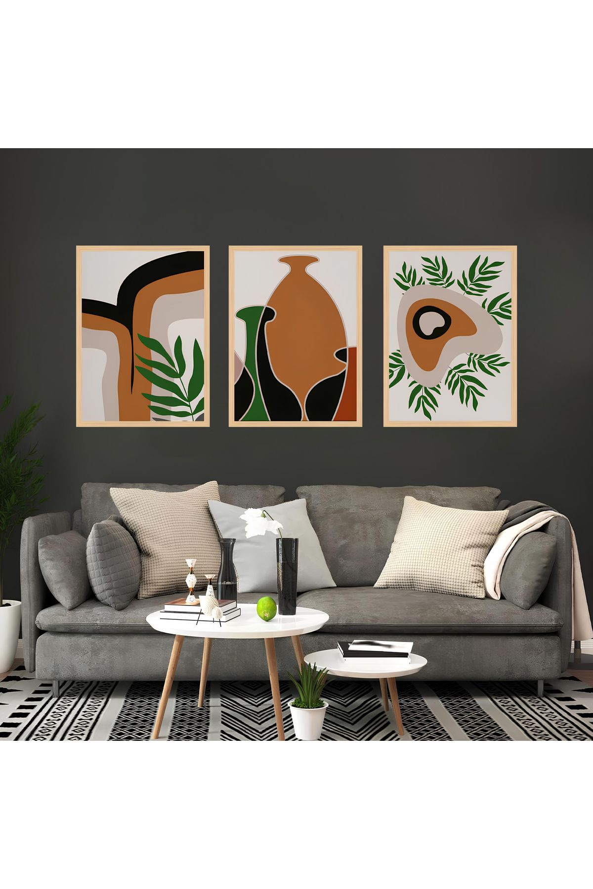Tuba Decor 3 Parça Ahşap Çerçeve Görünümlü bohem MDF Tablo Seti