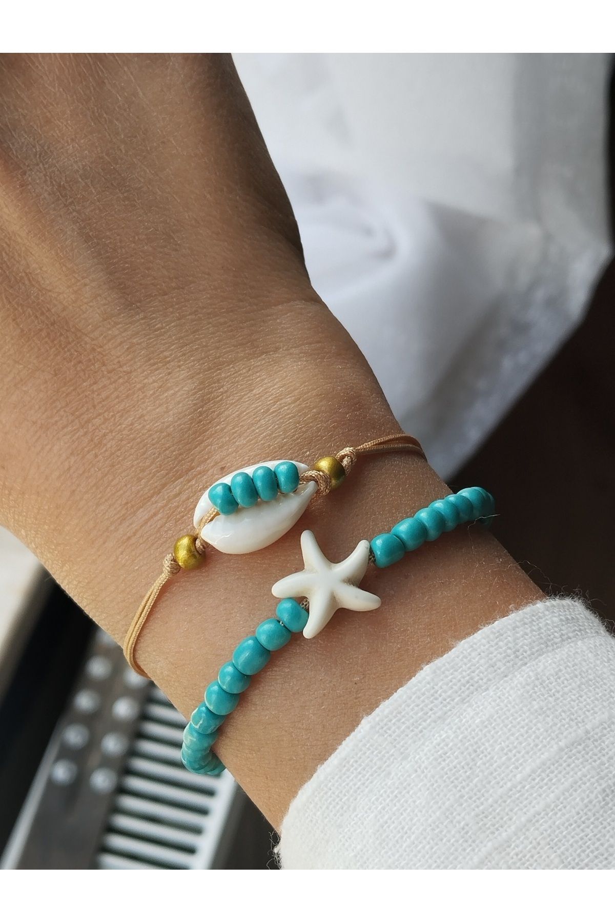 Amabel Jewelerys Kumsal Güzeli Deniz Kabuğu ve Midye Detaylı Kumboncuk, İp 2'li Kadın Bileklik Asil Mavi