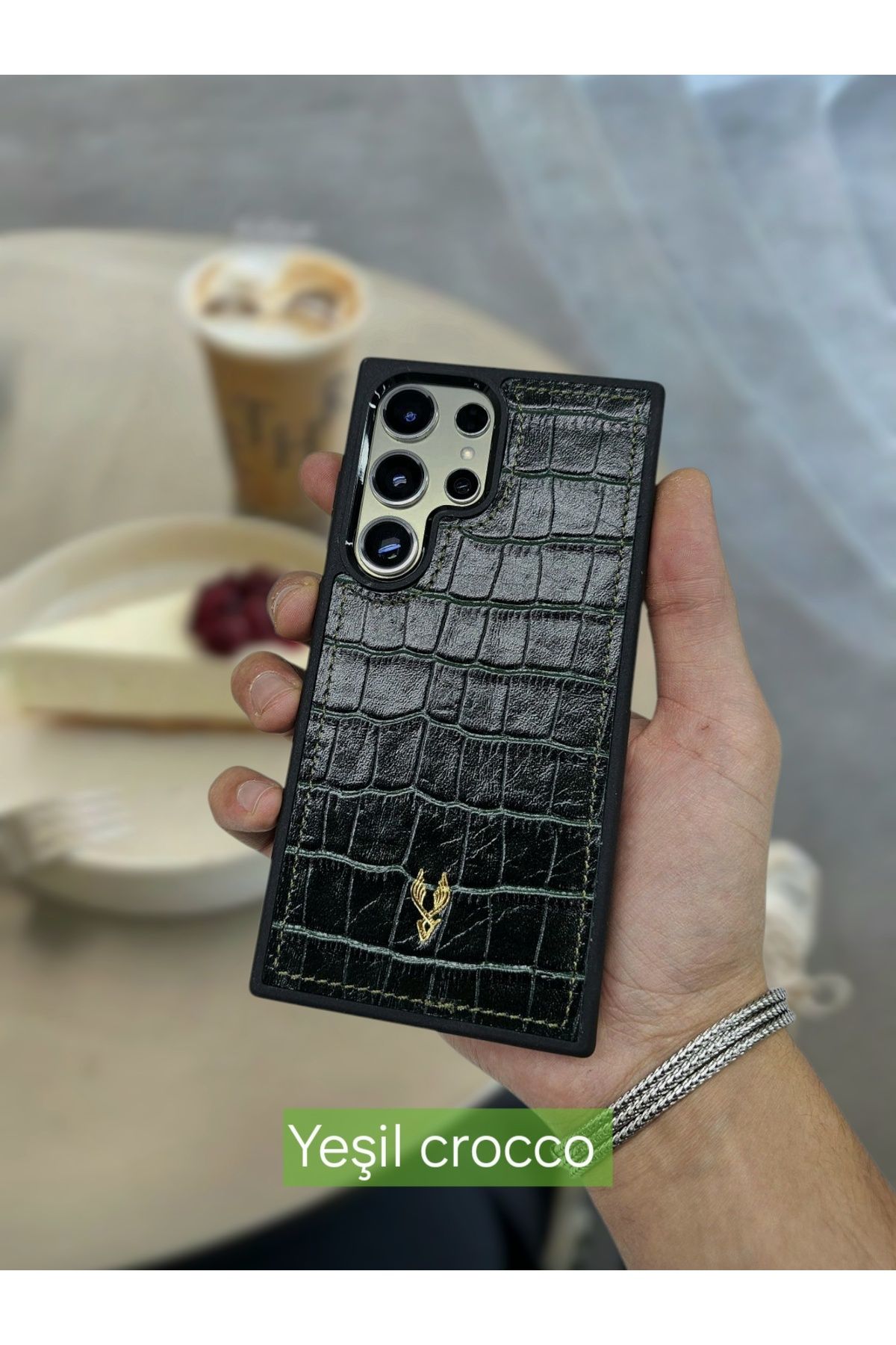 VİSSO Visso Hakiki Deri SAMSUNG GALAXY S23 ULTRA İsme Özel Deri Telefon Kılıfı UNİSEX YEŞİL CROCO