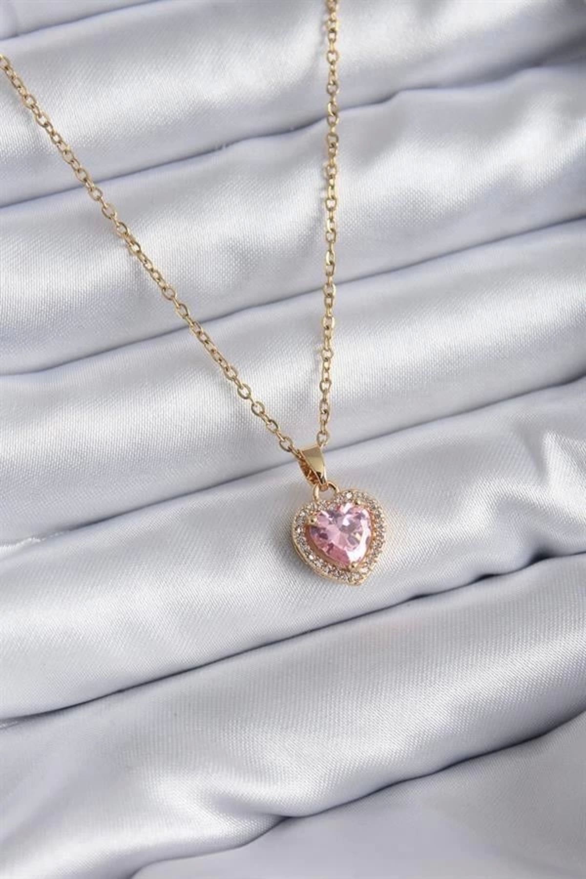 Lale Moda 316L Çelik Zincir Gold Renk Pembe Zirkon Taş Kalp Model Charm Kadın Kolye