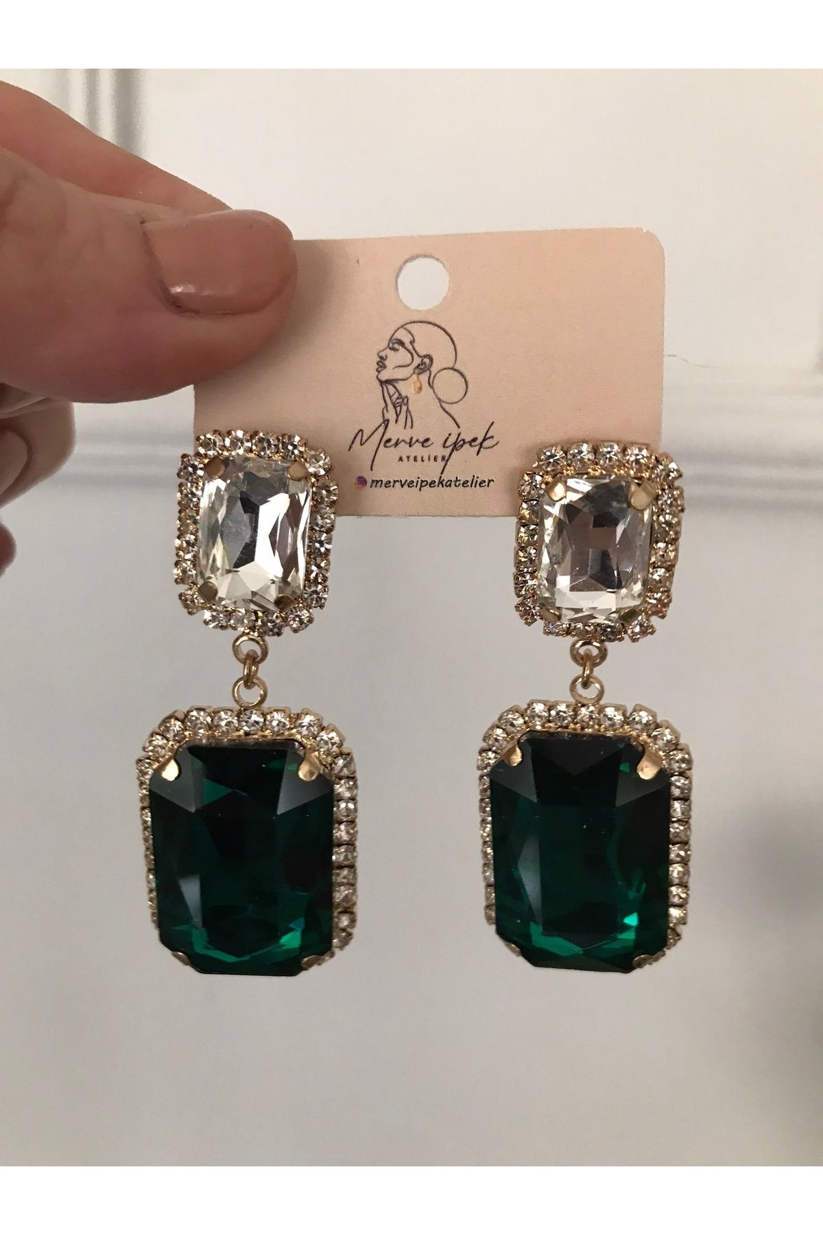 shop PASLANMAZ ÇELİK MARKA YEŞİL BEYAZ PARLAK TAŞLI KARARMAZ UZUN KÜPE