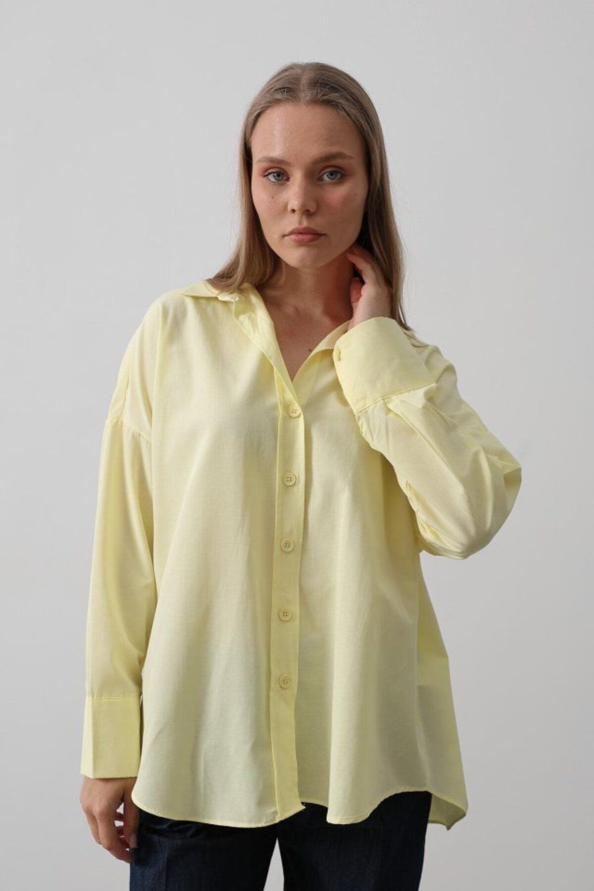 VELİZADE Kadın Konfor Modeli Sarı Manşetli Polo Yaka Pamuklu Oversize Uzun Kol Lüks Tunik Gömlek Tesettür