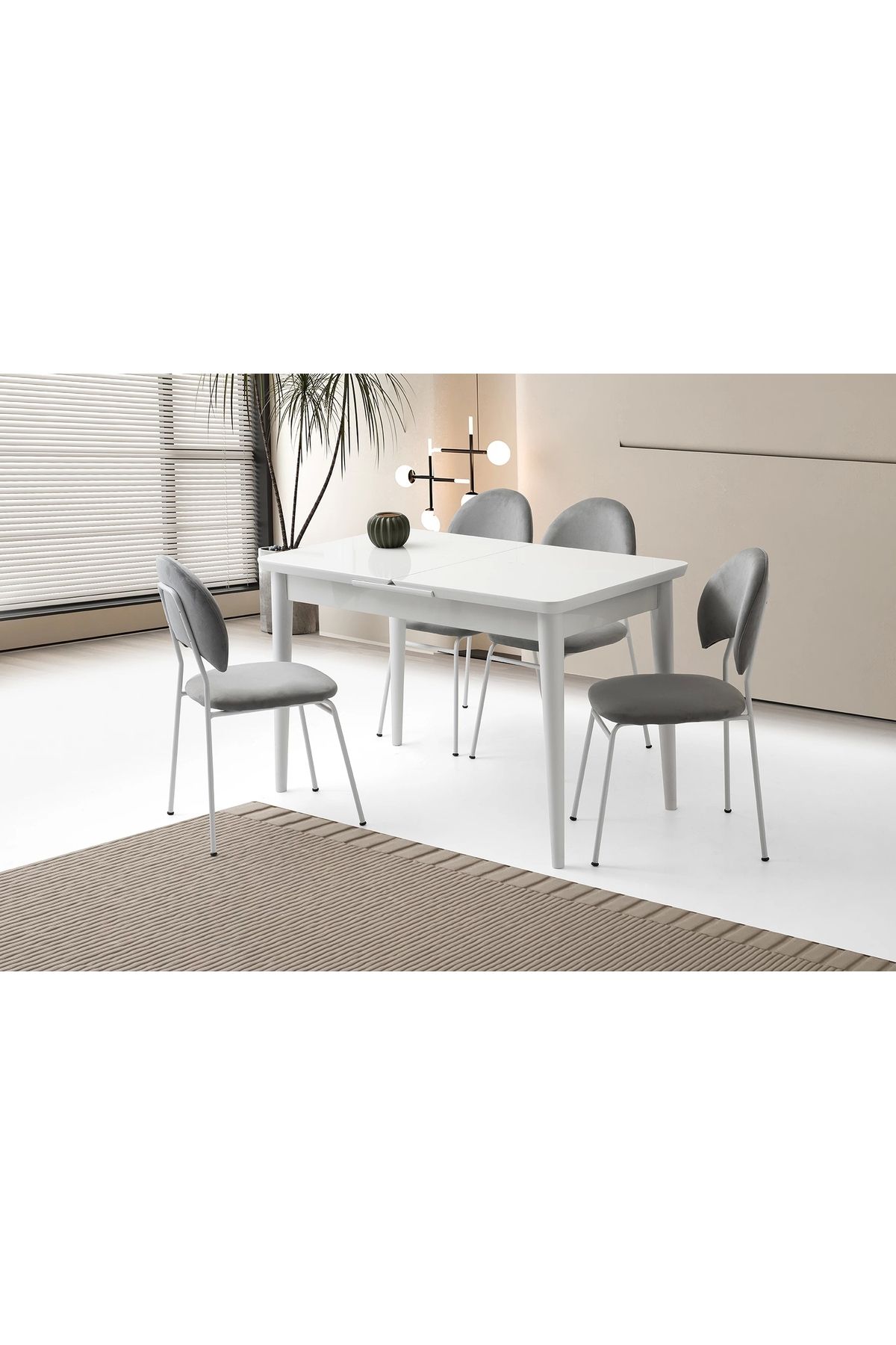 Evistro Ortadan Açılır Büyüyen 90x160cm Beyaz Ahşap Salon Yemek Masa Suna Gri Sandalye Takımı 4 Sandalyeli