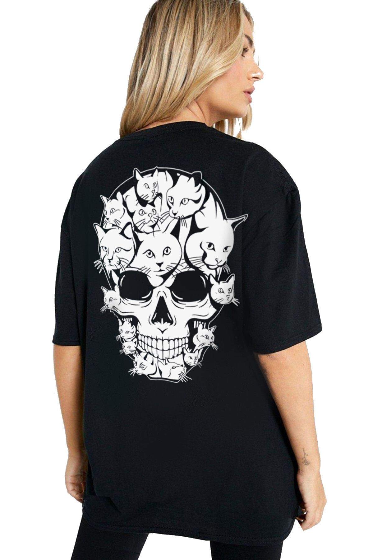 ROCKANDROLL Miyav Kurukafa Siyah Arka Baskılı Oversize Kadın T-shirt