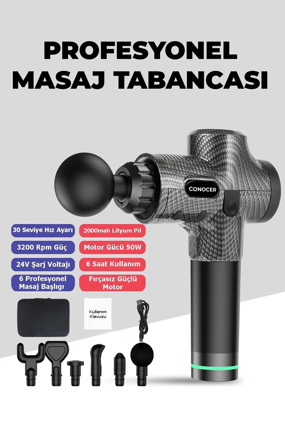 CONOCER Profesyonel 6 Başlıklı Şarjlı Sporcu Masaj Tabancası 30 Hız Kademeli + Çantalı