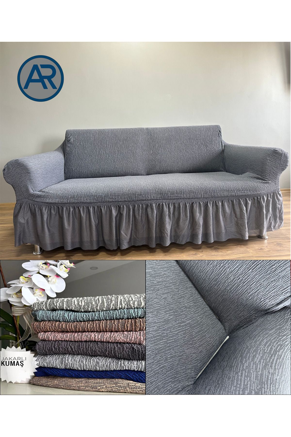 ARTUÇ JAKARLİ DÜZ DESEN 3 KİŞİLİK LASTİKLİ ETEKLİ KOLTUK ÖRTÜSÜ KOLTUK KILIFI ESNEK KUMAŞ LEKE TUTMAZ