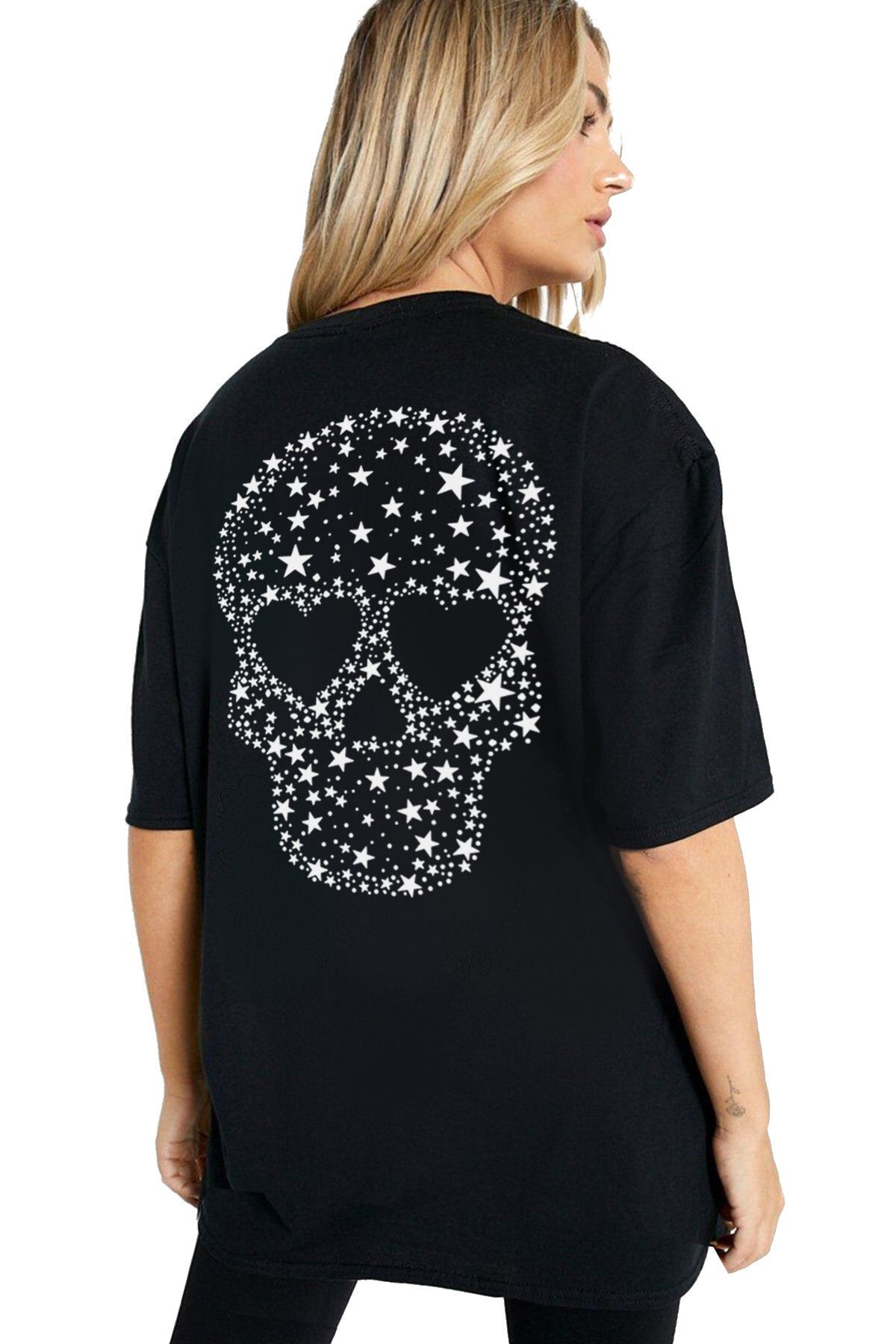 ROCKANDROLL Yıldızlı Kurukafa Siyah Arka Baskılı Oversize Kadın T-shirt
