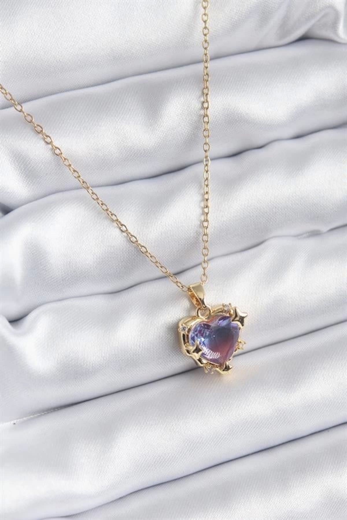 Lale Moda 316L Çelik Zincir Gold Renk Mor Renk Zirkon Taşlı Kalp Model Kadın Kolye