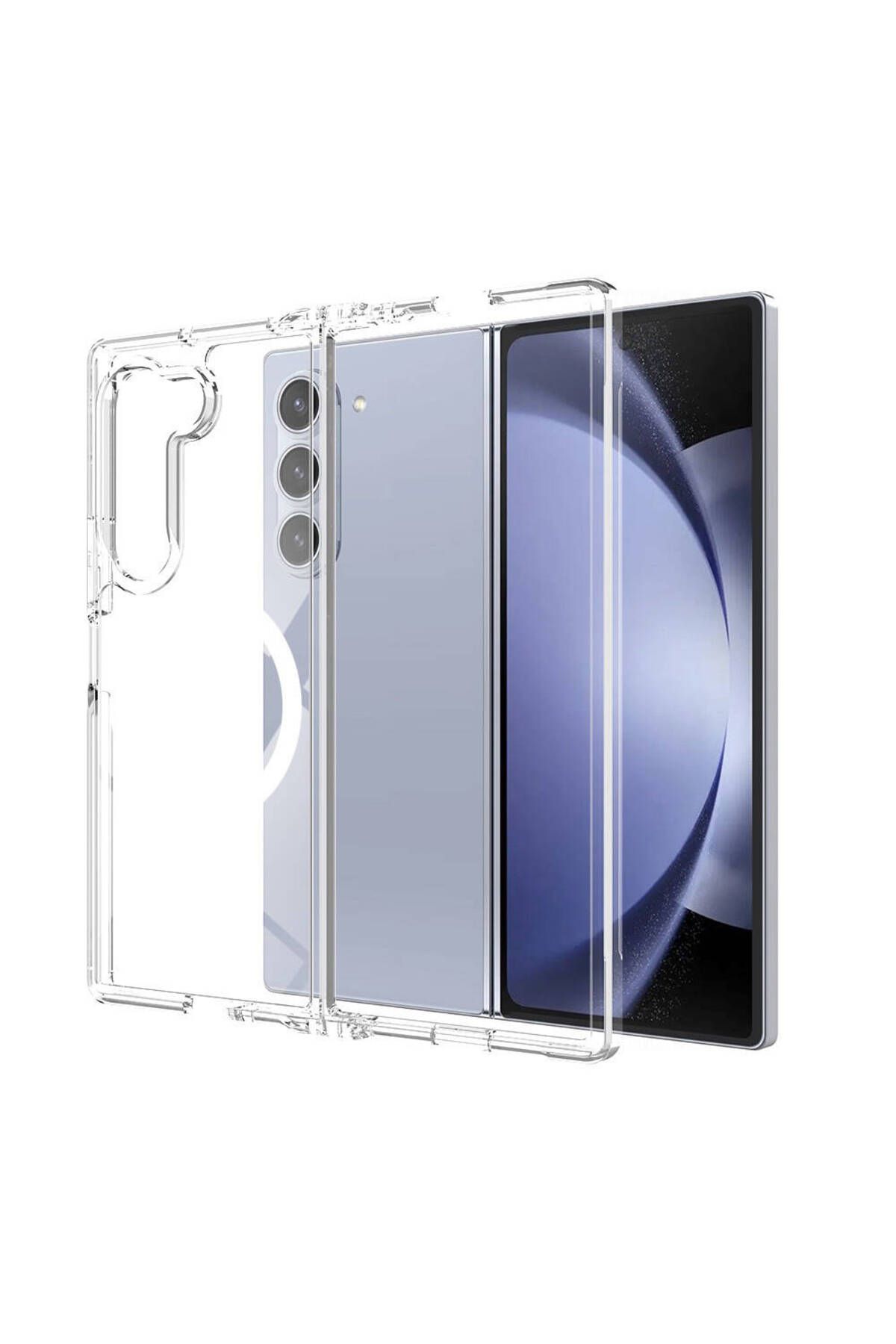 Gpack Samsung Galaxy Z Fold 5 uyumlu Kılıf M-Safe Şarj Özellikli Sert PC Embos Kapak Şeffaf