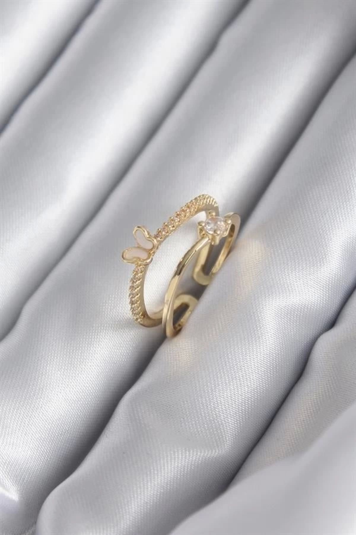 Lale Moda Pirinç Gold Renk Zirkon Taş Detay Kelebek Model Kadın Yüzük