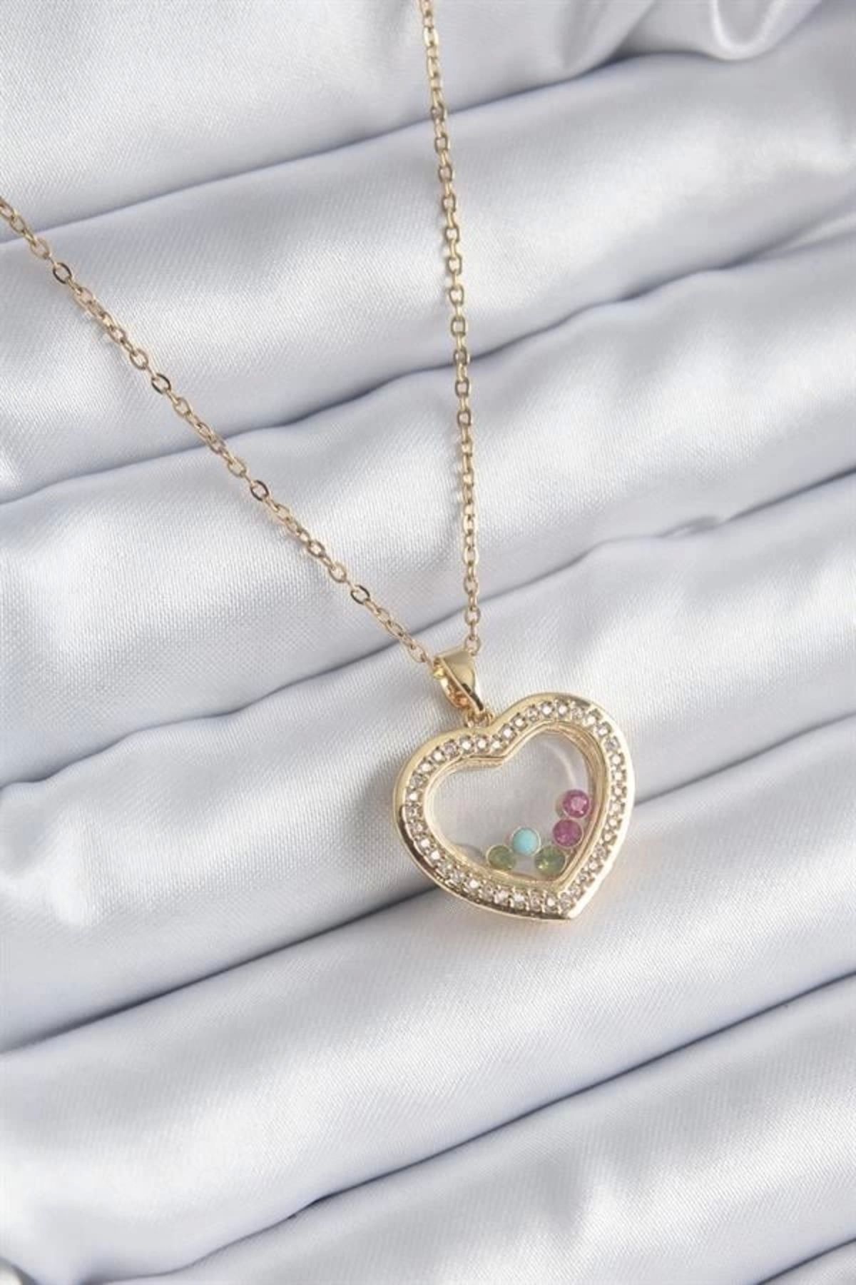Lale Moda 316L Çelik Gold Renk Zirkon Taş Detay Kalp Fanus Model Kadın Kolye
